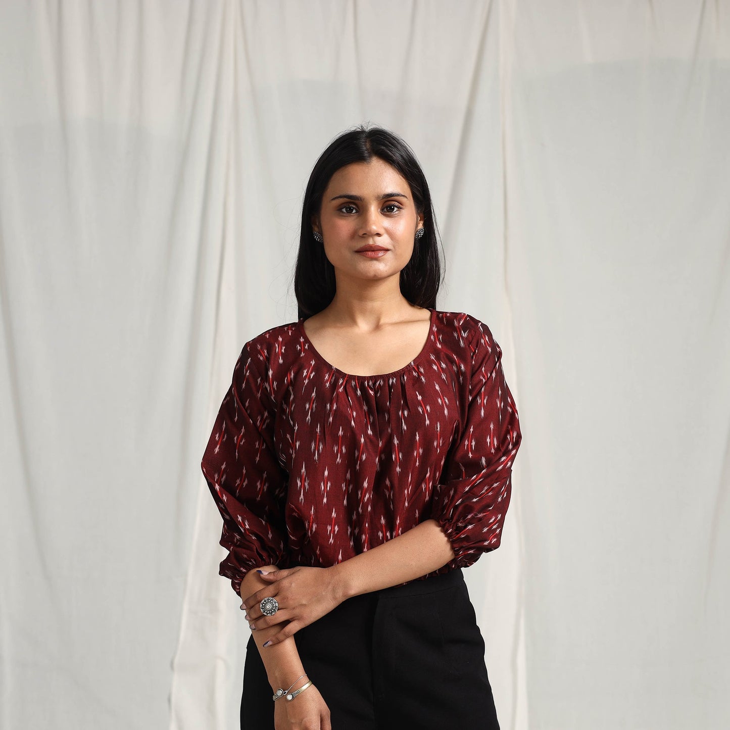 Maroon Mercerised Cotton Pochampally Ikat Crop Top