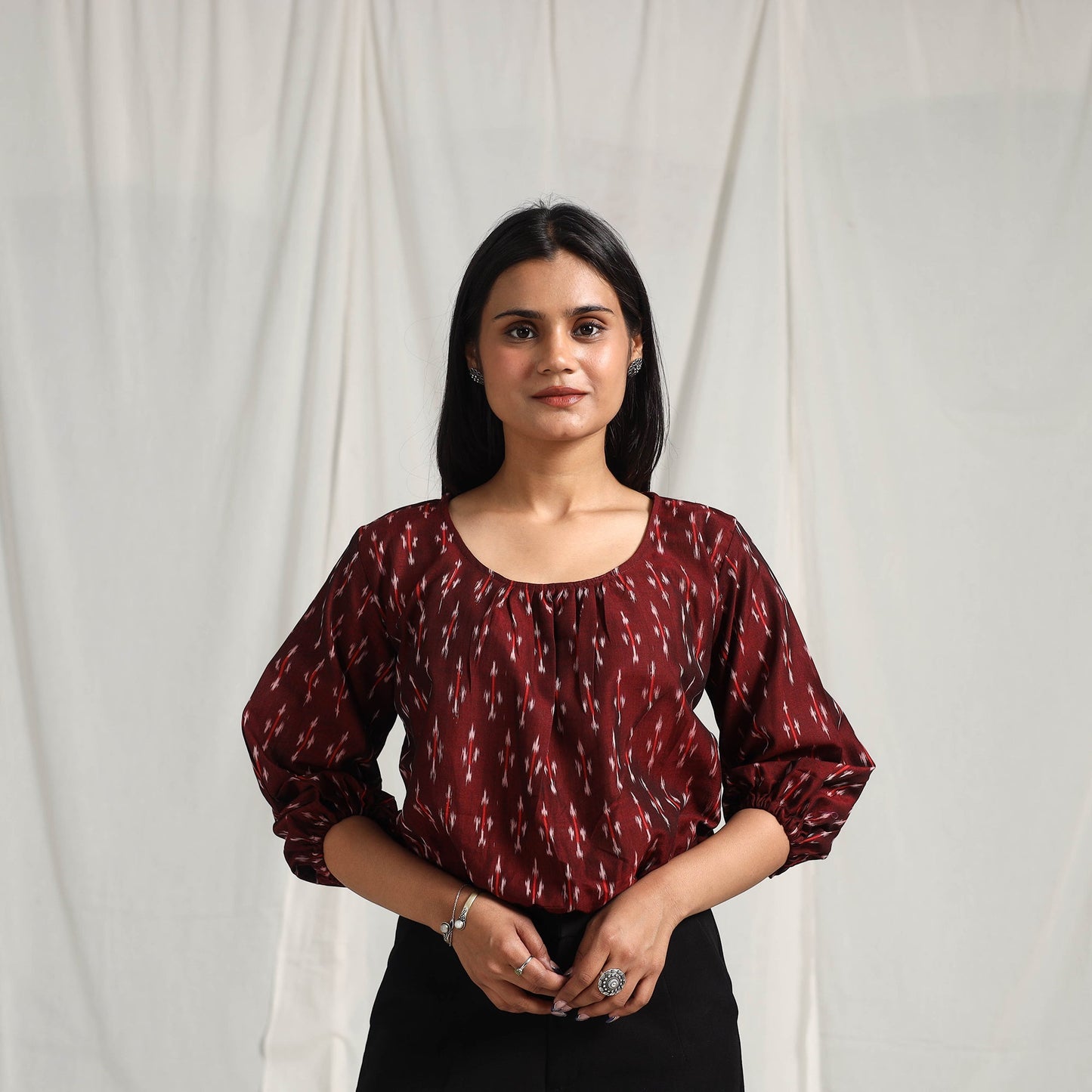 Maroon Mercerised Cotton Pochampally Ikat Crop Top