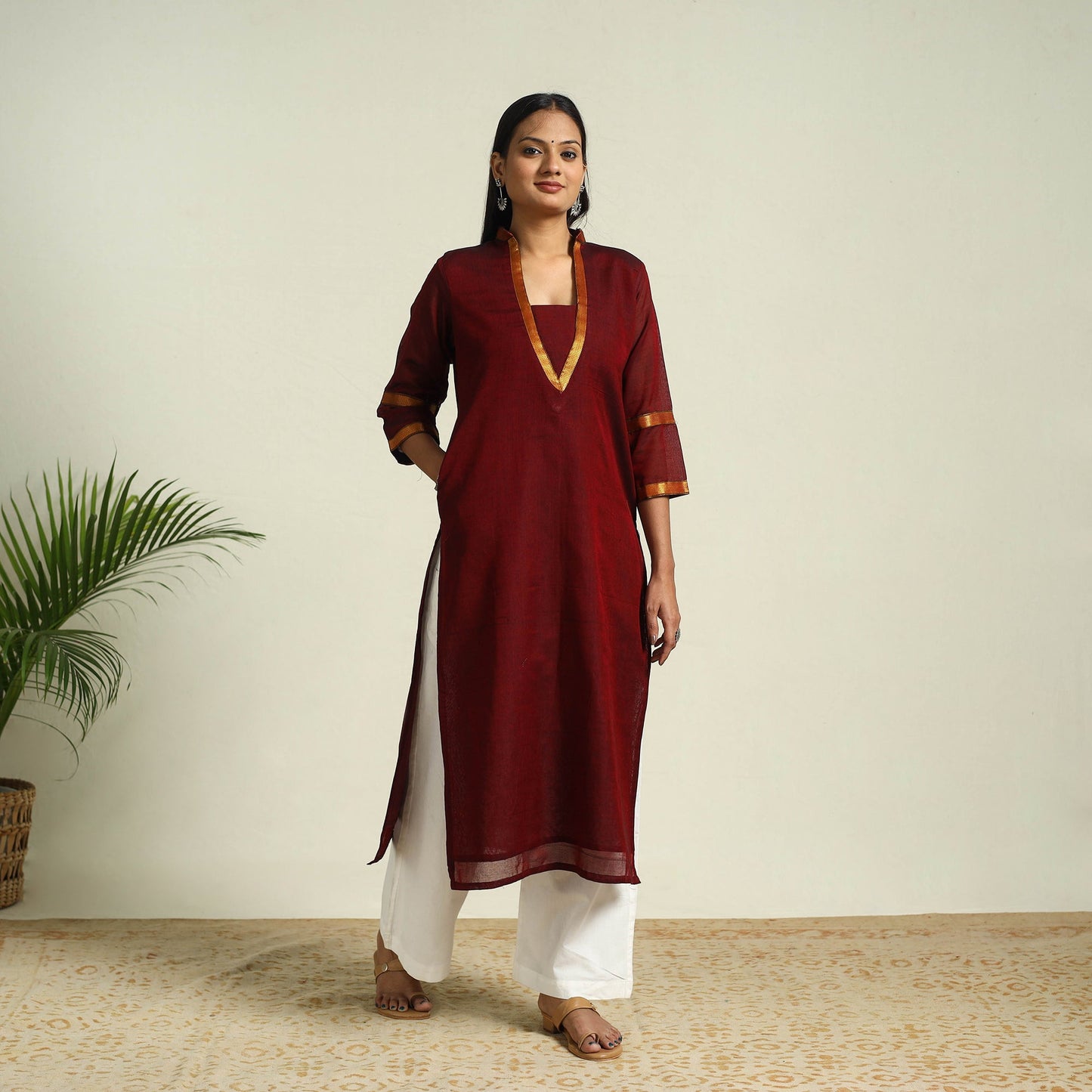 Maroon Mercerised Cotton Straight Dharwad Kurta