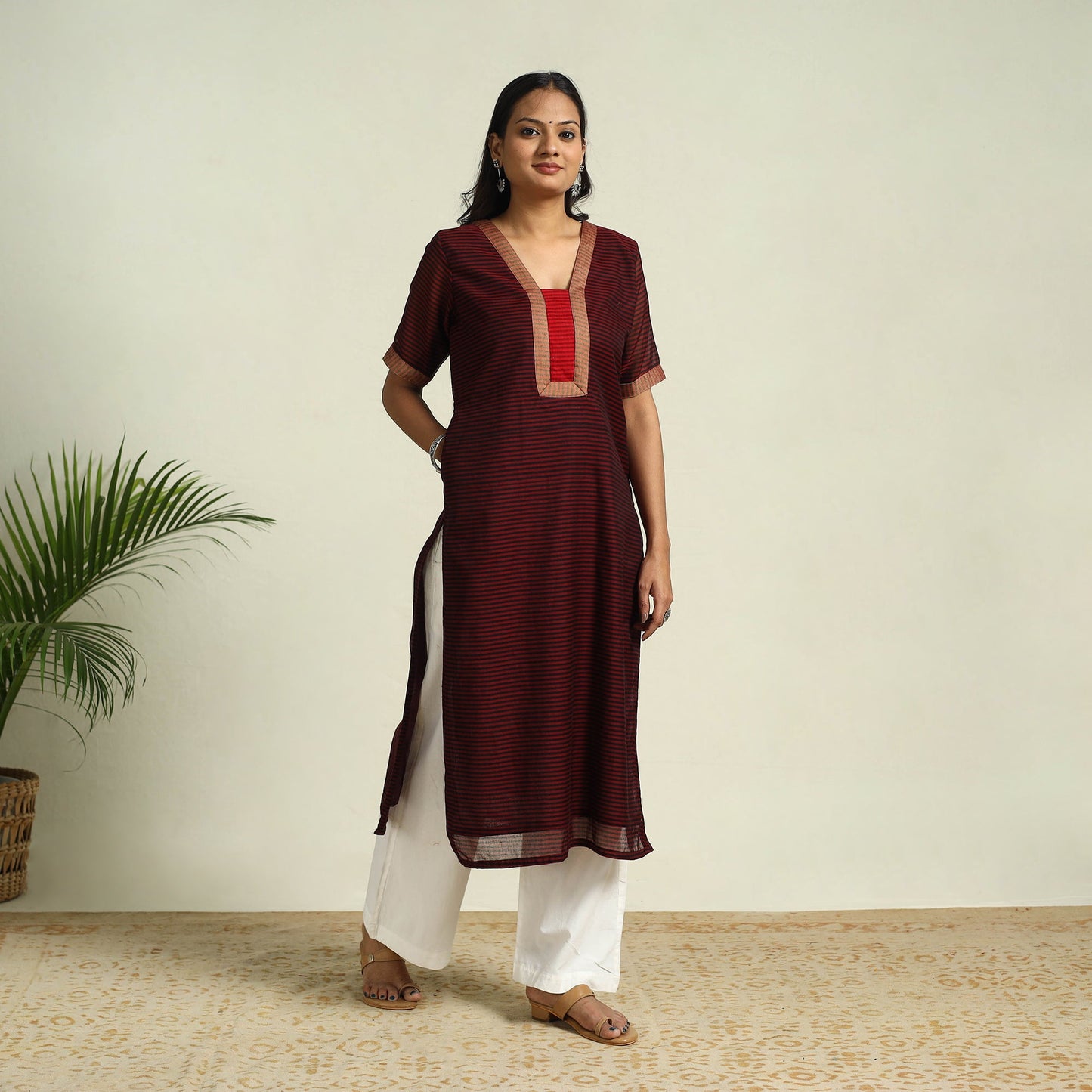 Maroon Mercerised Cotton Straight Stripes Kurta