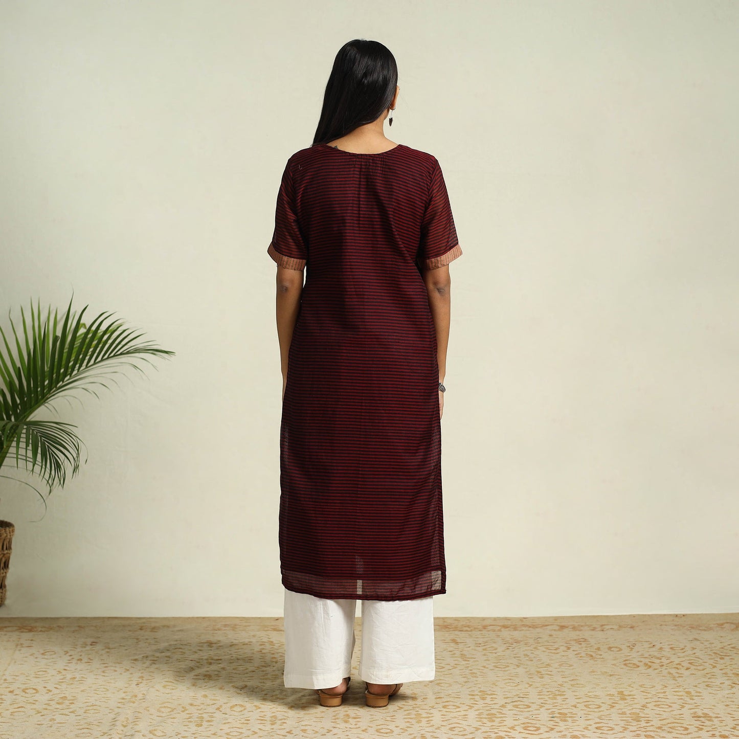 Maroon Mercerised Cotton Straight Stripes Kurta