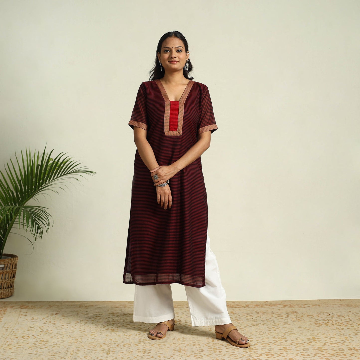 Maroon Mercerised Cotton Straight Stripes Kurta