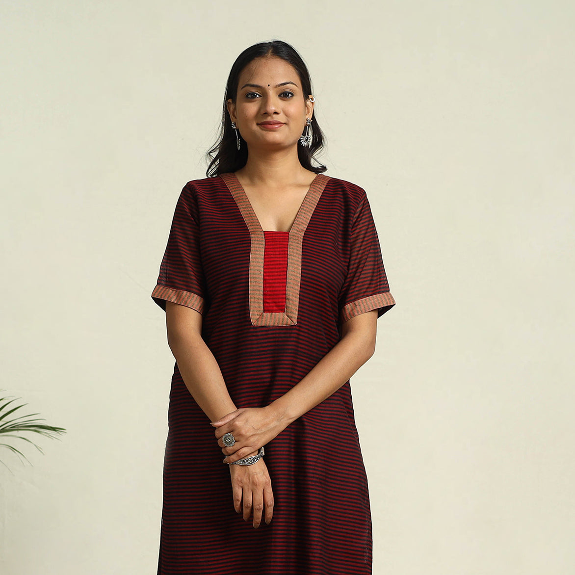 Maroon Mercerised Cotton Straight Stripes Kurta