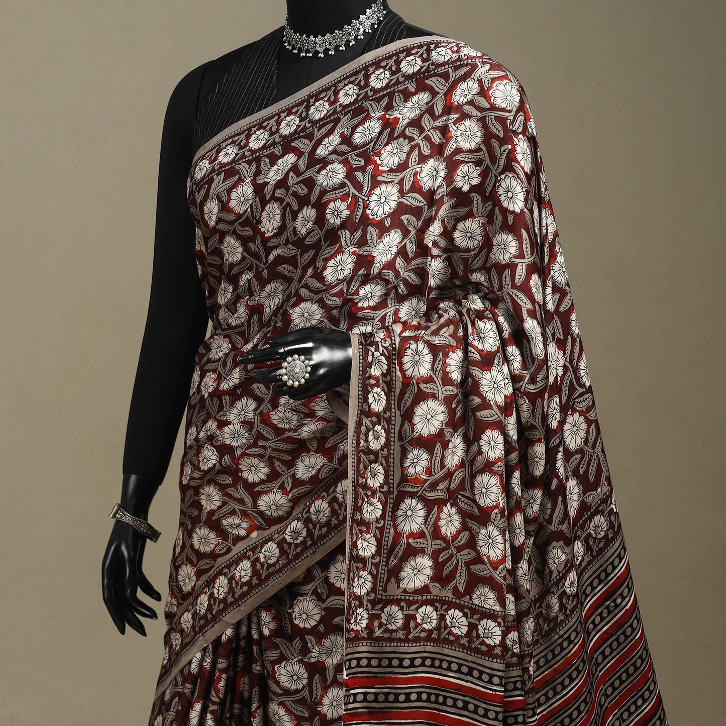 Maroon - modal silk bagru saree 33 - handcrafted