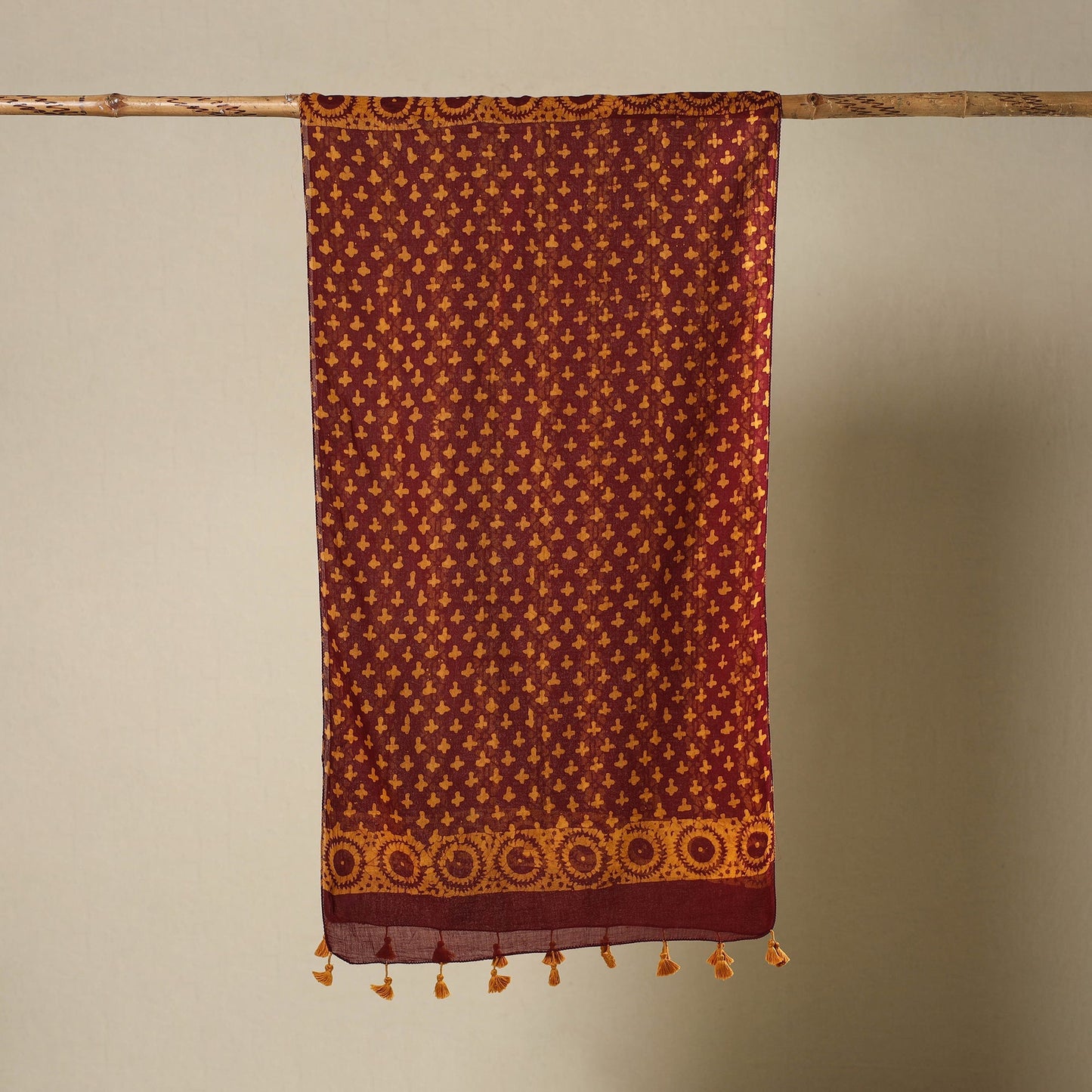 Maroon Mul Cotton Hand Batik Print Stole with Tassels