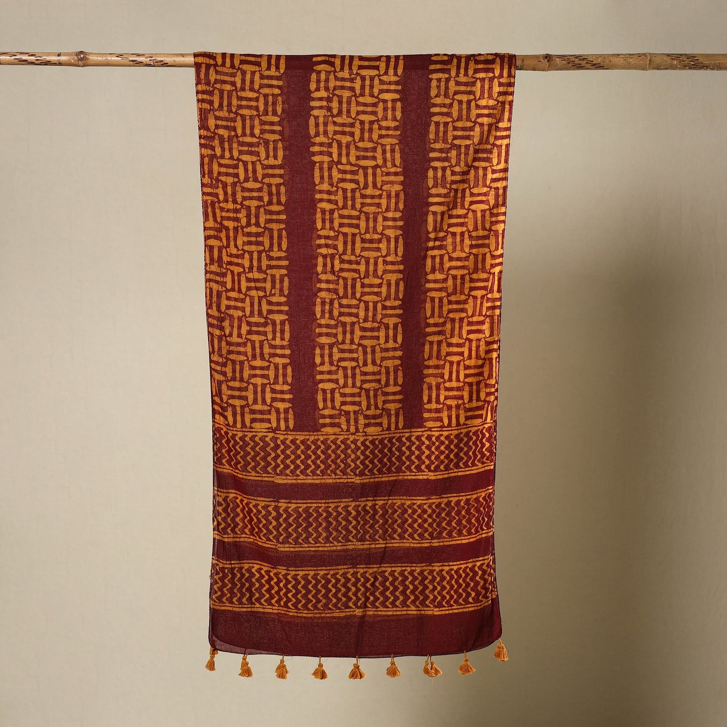 Maroon Mul Cotton Hand Batik Print Stole with Tassels