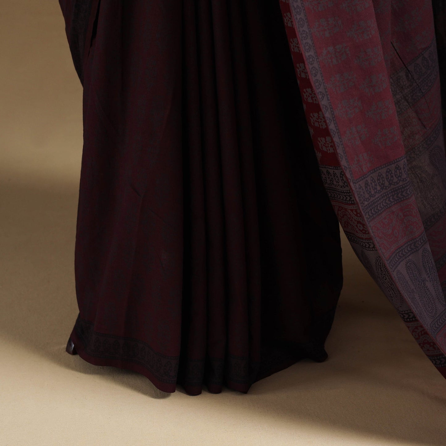 Maroon Block Print Natural Dyed Cotton Bagh Saree