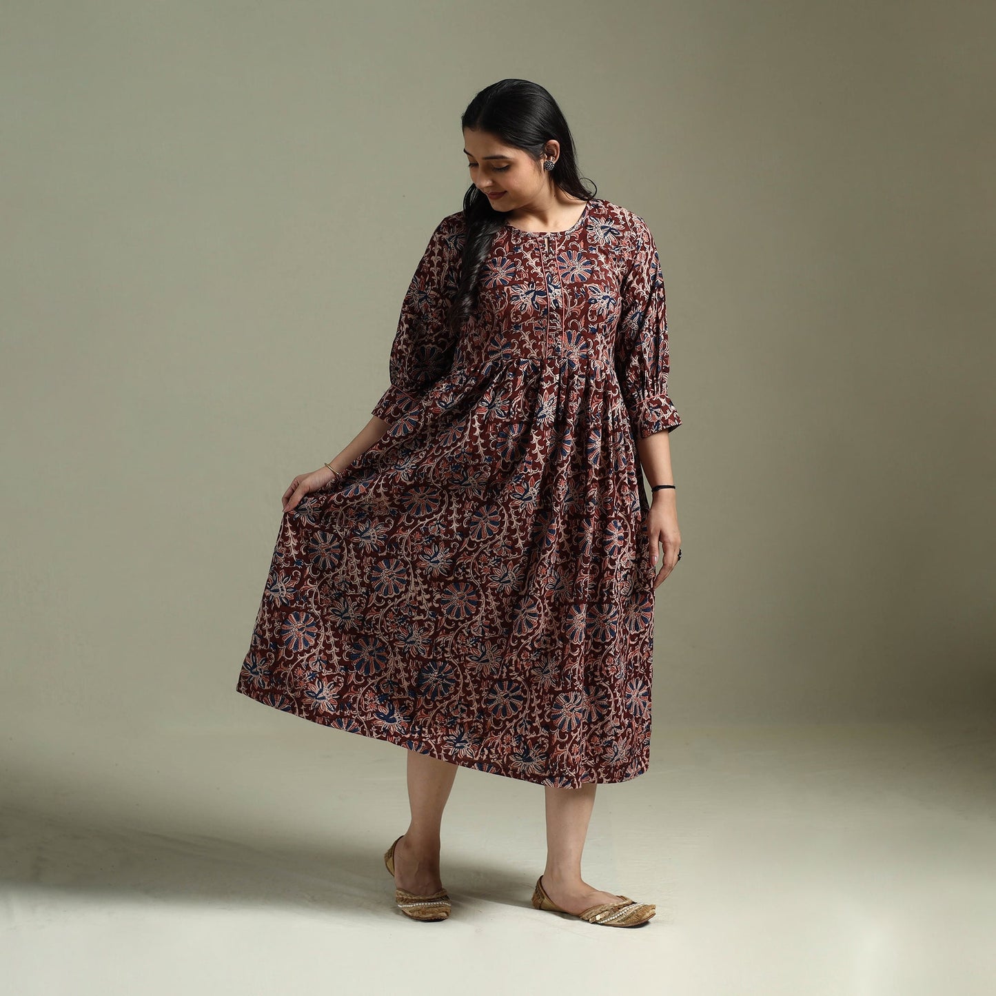 Natural dyed cotton hand block print flared kalamkari dress