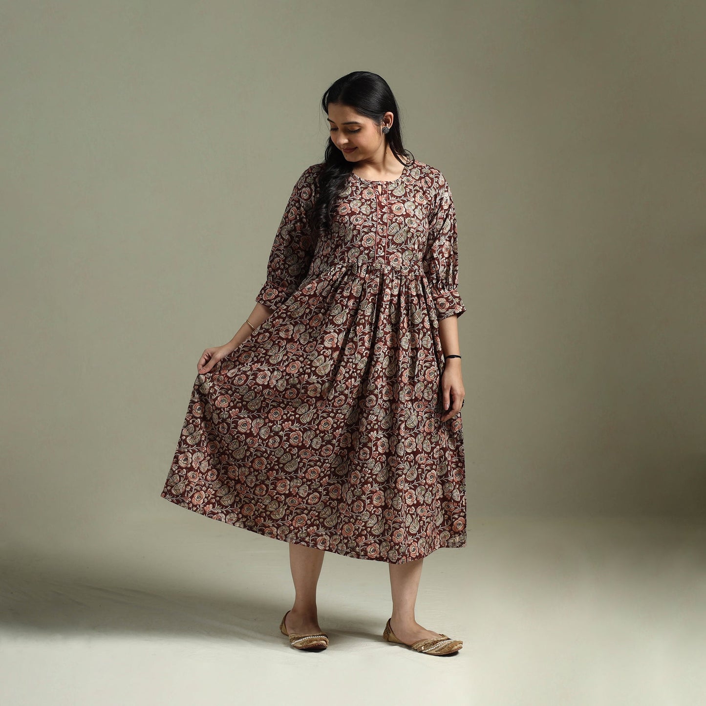 Natural dyed cotton hand block print flared kalamkari dress