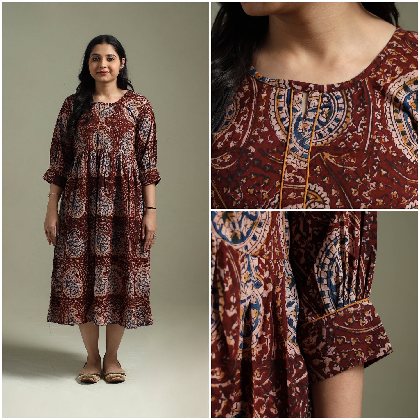 Natural dyed cotton hand block print flared kalamkari dress