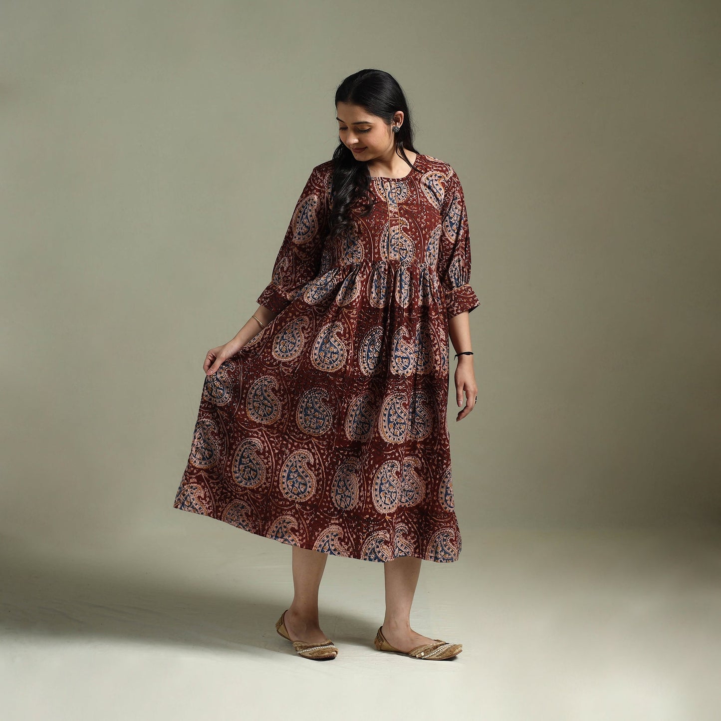 Natural dyed cotton hand block print flared kalamkari dress