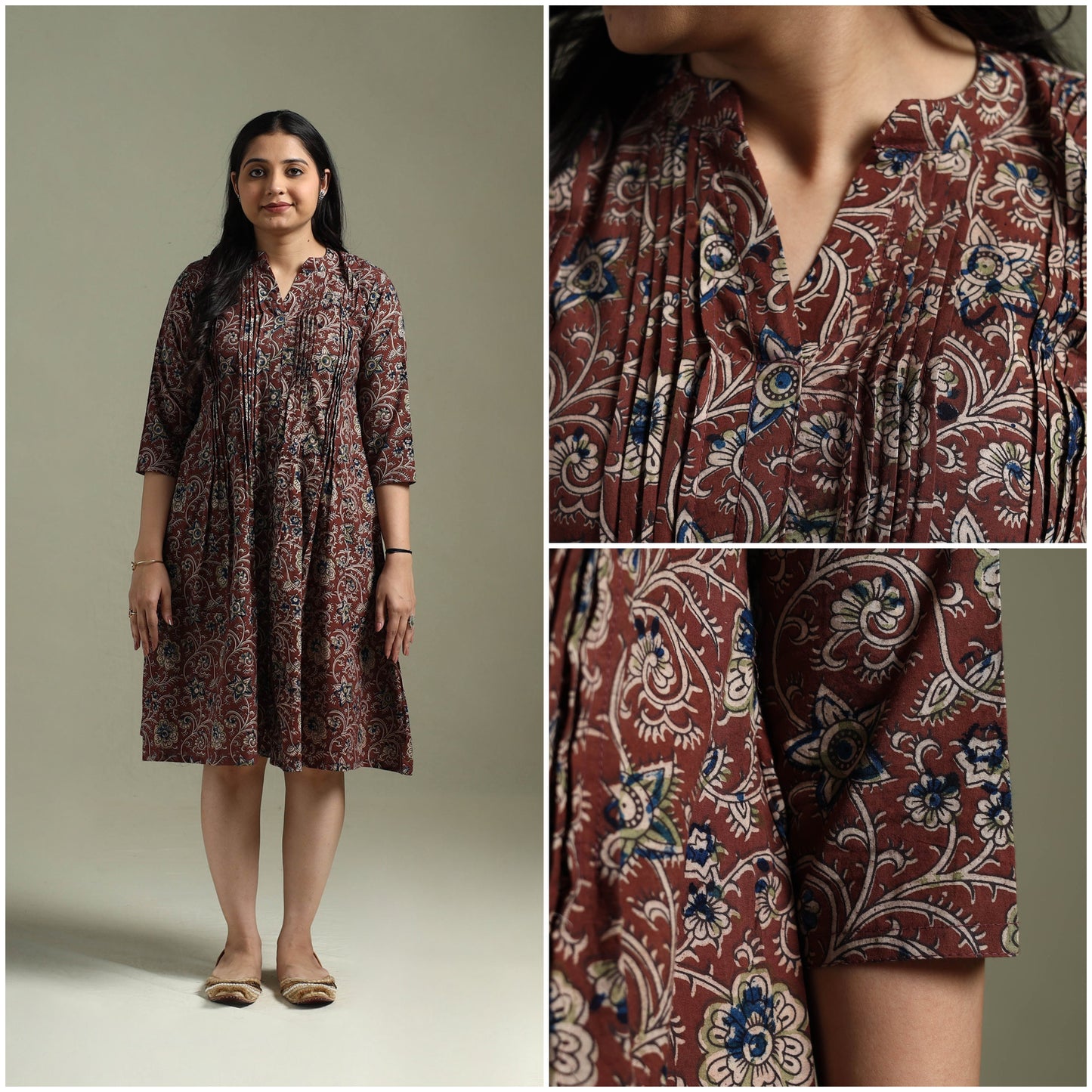 Natural dyed cotton hand block print pintuck kalamkari