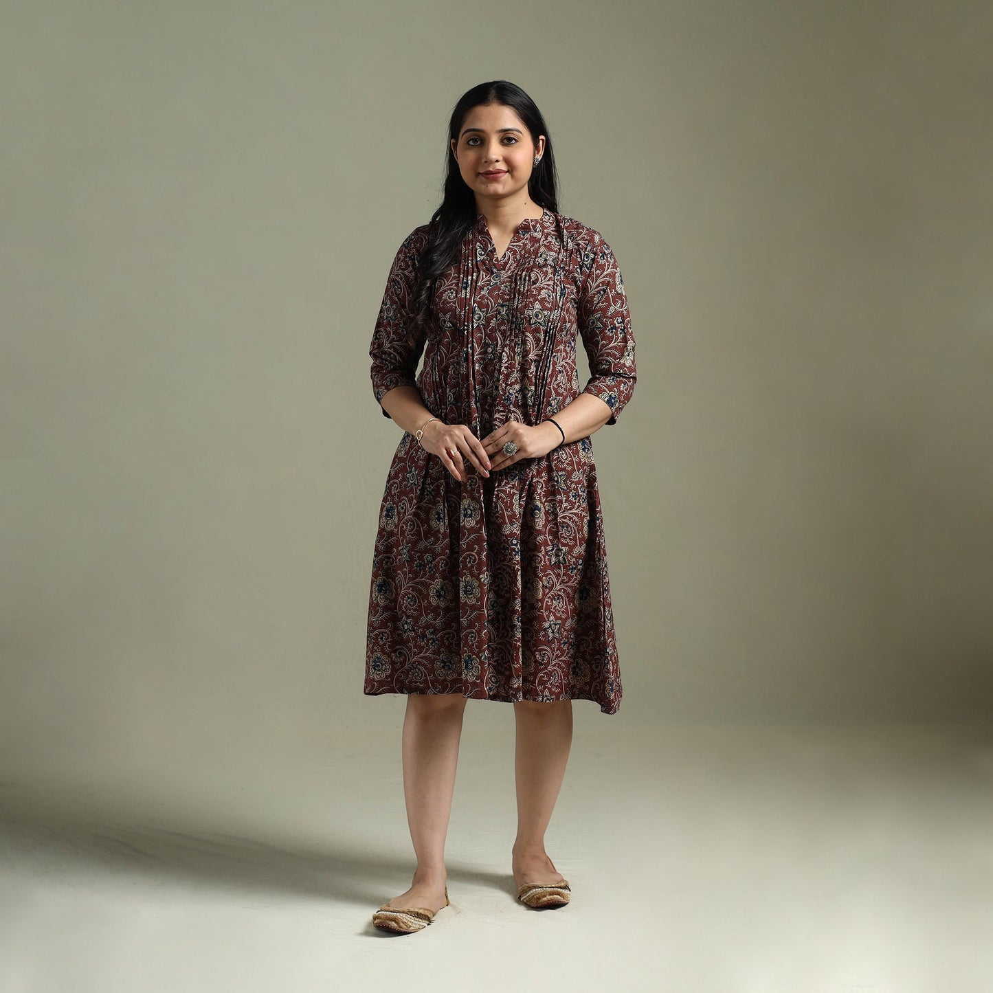 Natural dyed cotton hand block print pintuck kalamkari