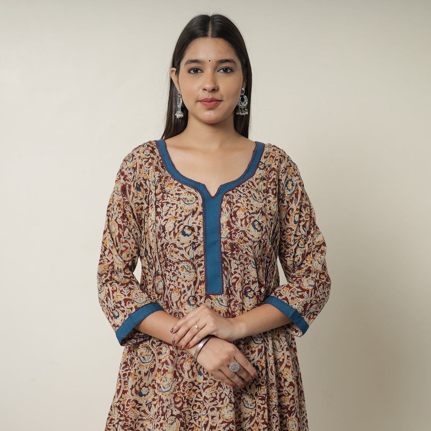 Pedana Kalamkari Block Printed Cotton A-Line Kurta with Tagai Work 11