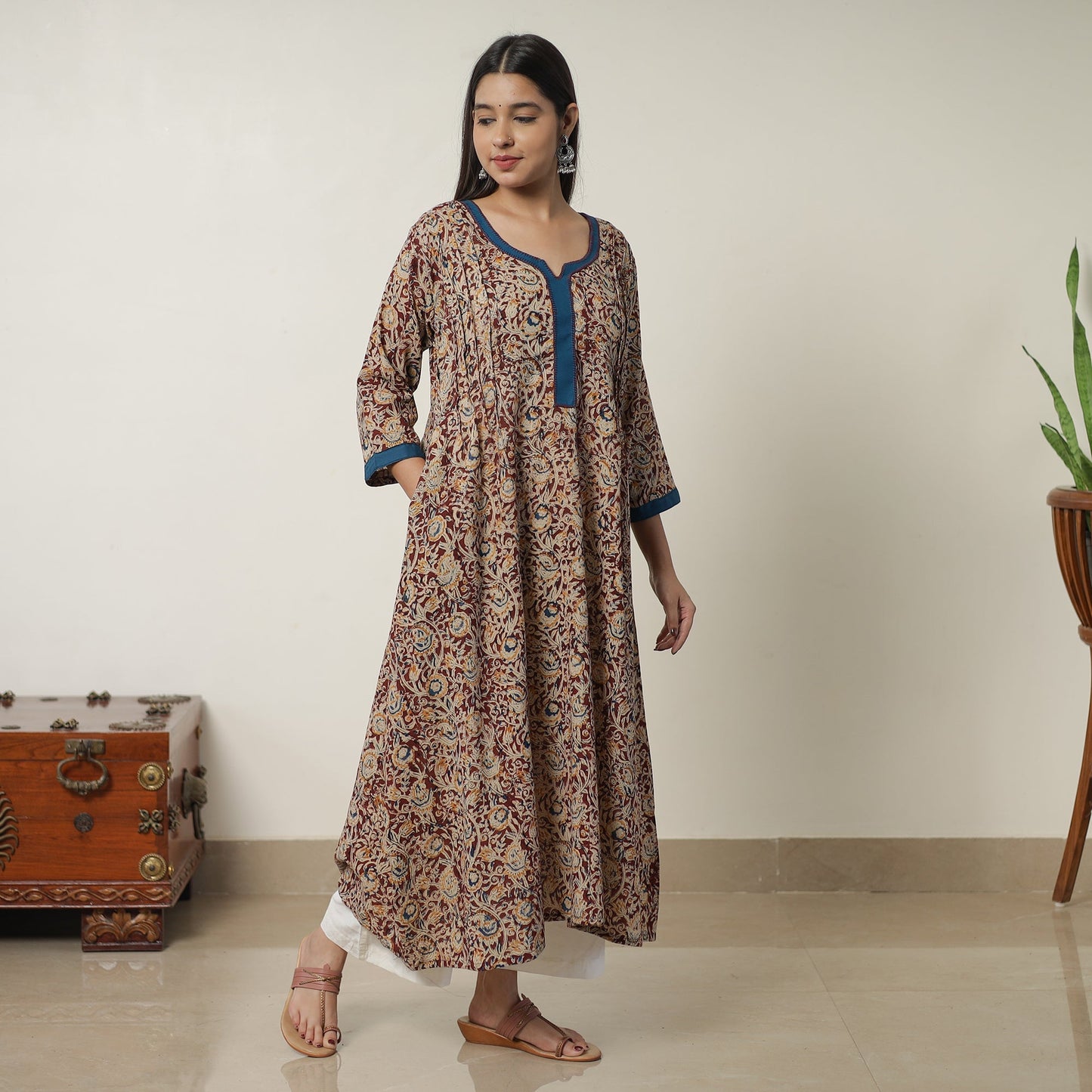 Pedana Kalamkari Block Printed Cotton A-Line Kurta with Tagai Work 11