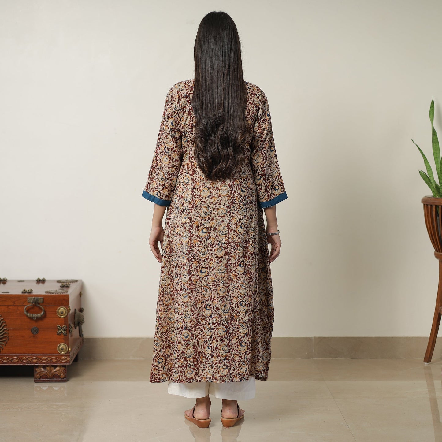 Pedana Kalamkari Block Printed Cotton A-Line Kurta with Tagai Work 11