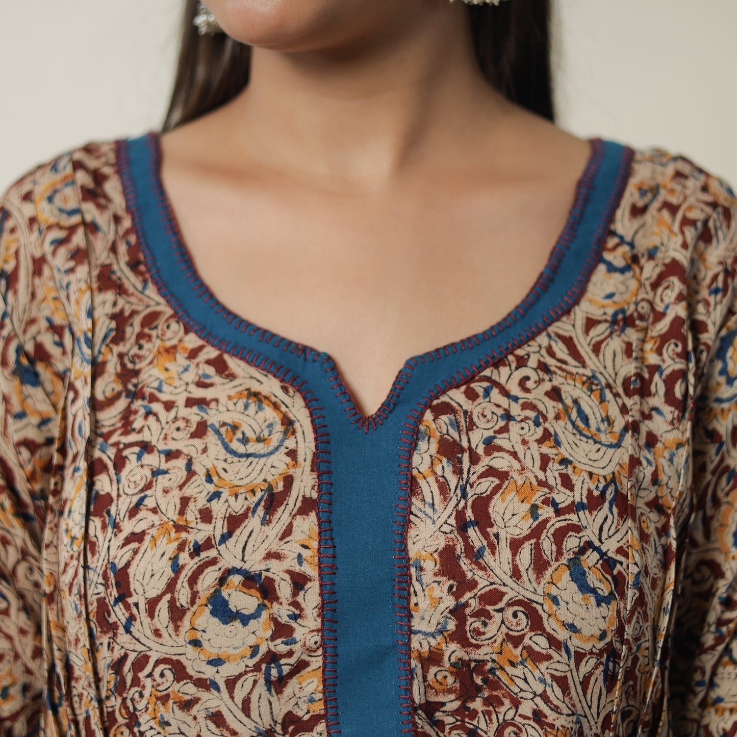 Pedana Kalamkari Block Printed Cotton A-Line Kurta with Tagai Work 11