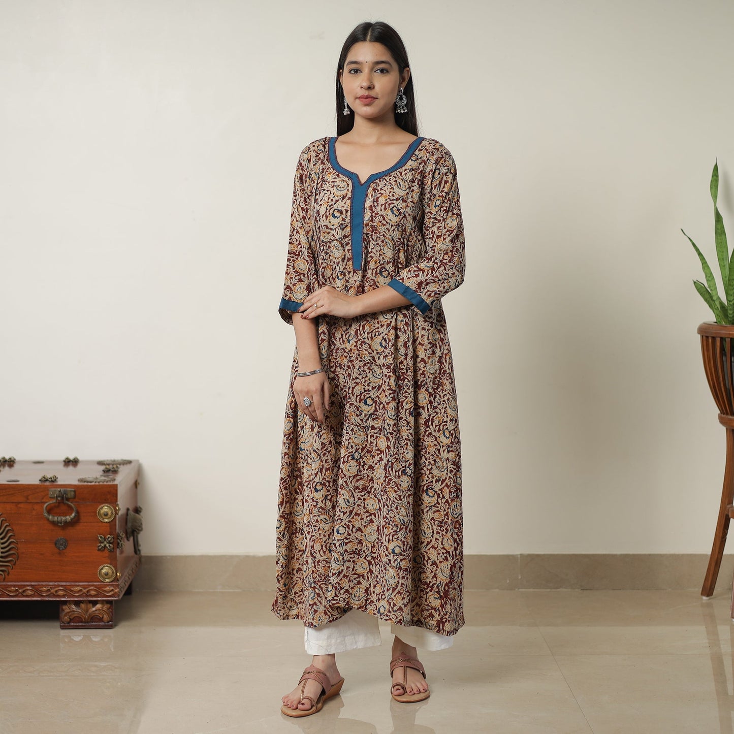 Pedana Kalamkari Block Printed Cotton A-Line Kurta with Tagai Work 11