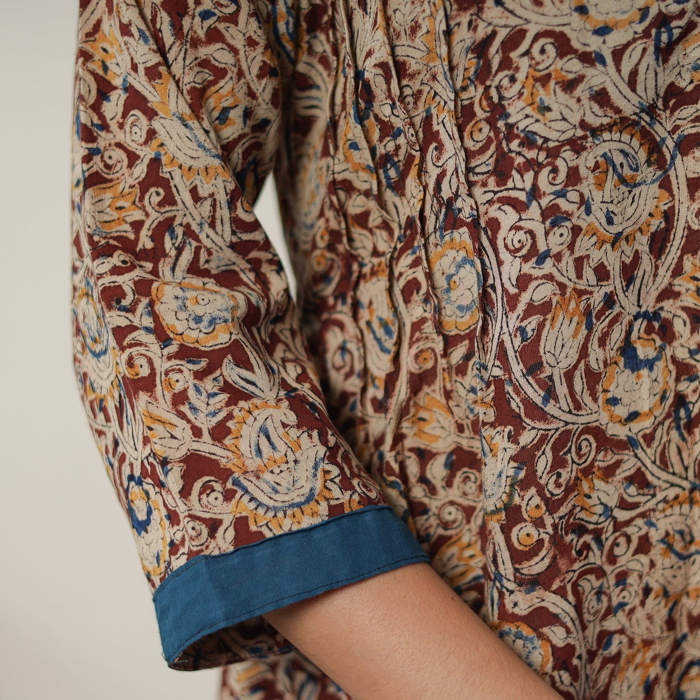 Pedana Kalamkari Block Printed Cotton A-Line Kurta with Tagai Work 11