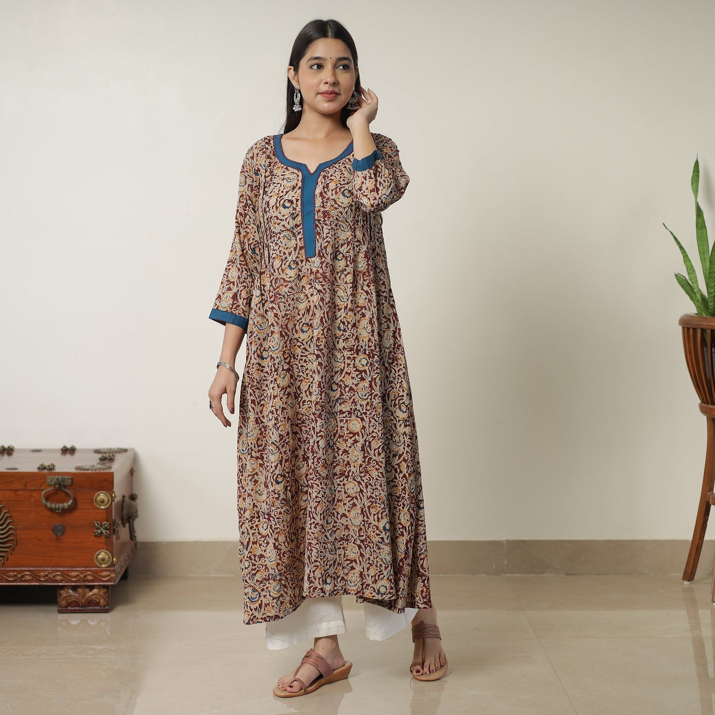 Pedana Kalamkari Block Printed Cotton A-Line Kurta with Tagai Work 11