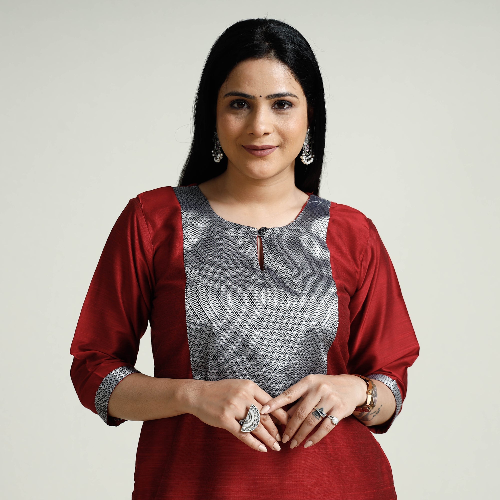 Maroon - Plain Silk Long Straight Kurta