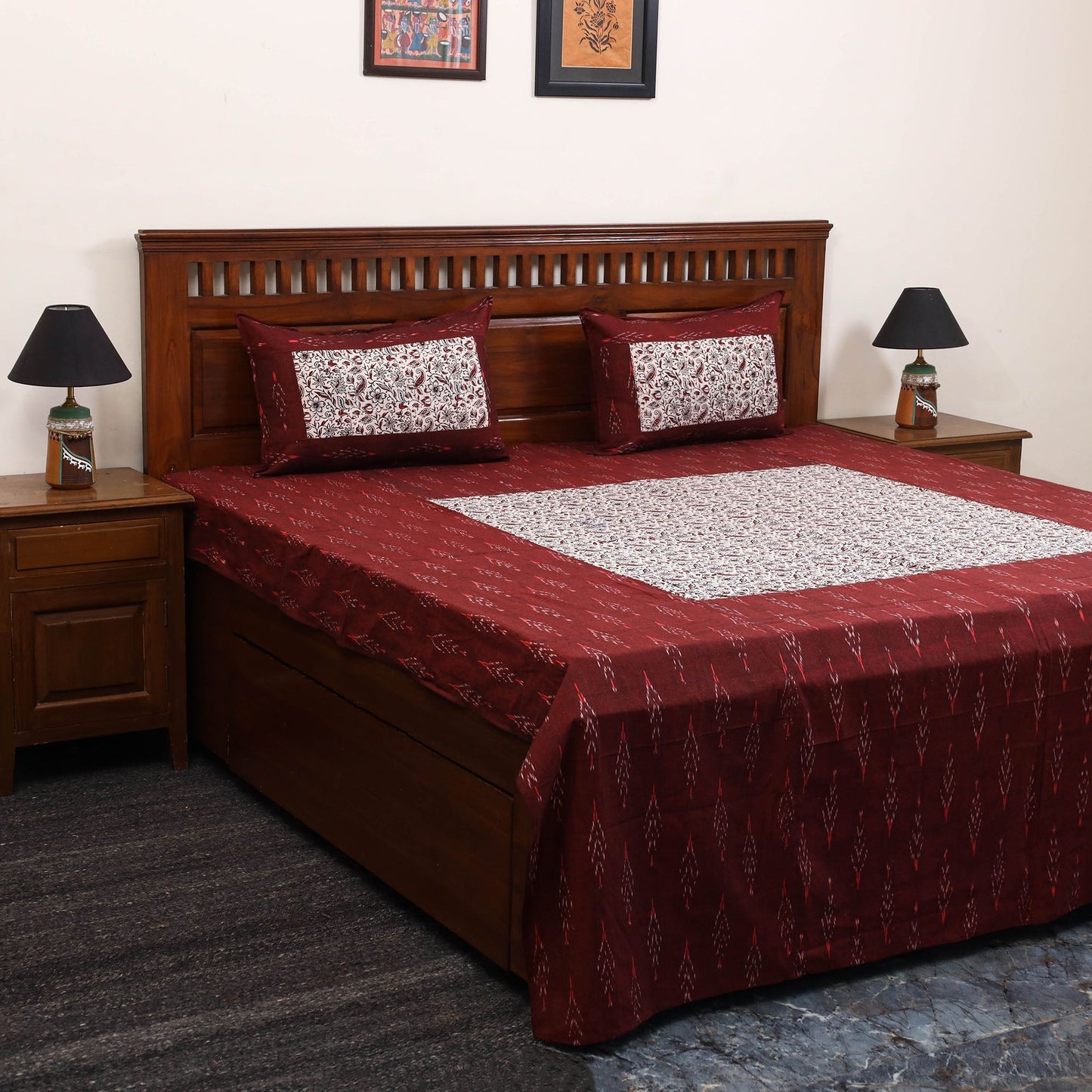Pochampally ikat with bagh patch cotton bedsheet set 08