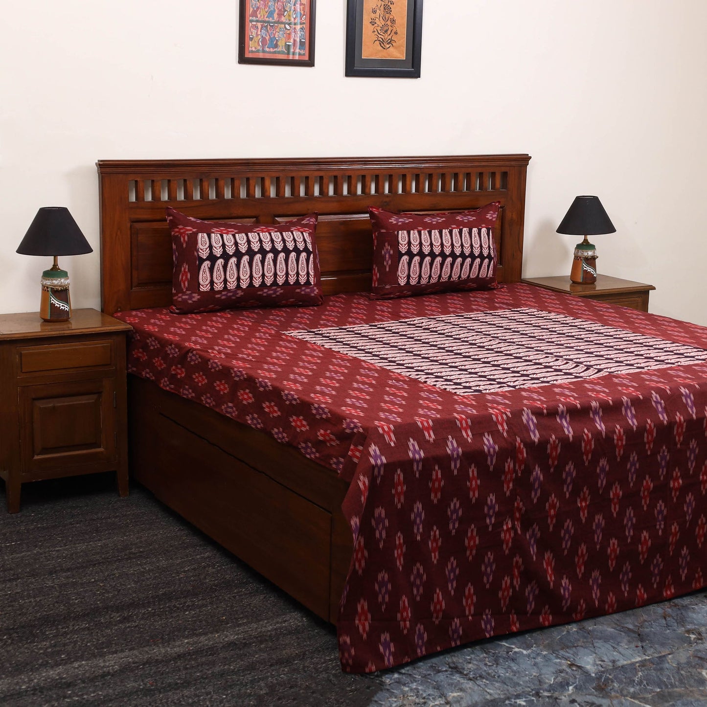 Pochampally ikat with bagh patch cotton bedsheet set 10