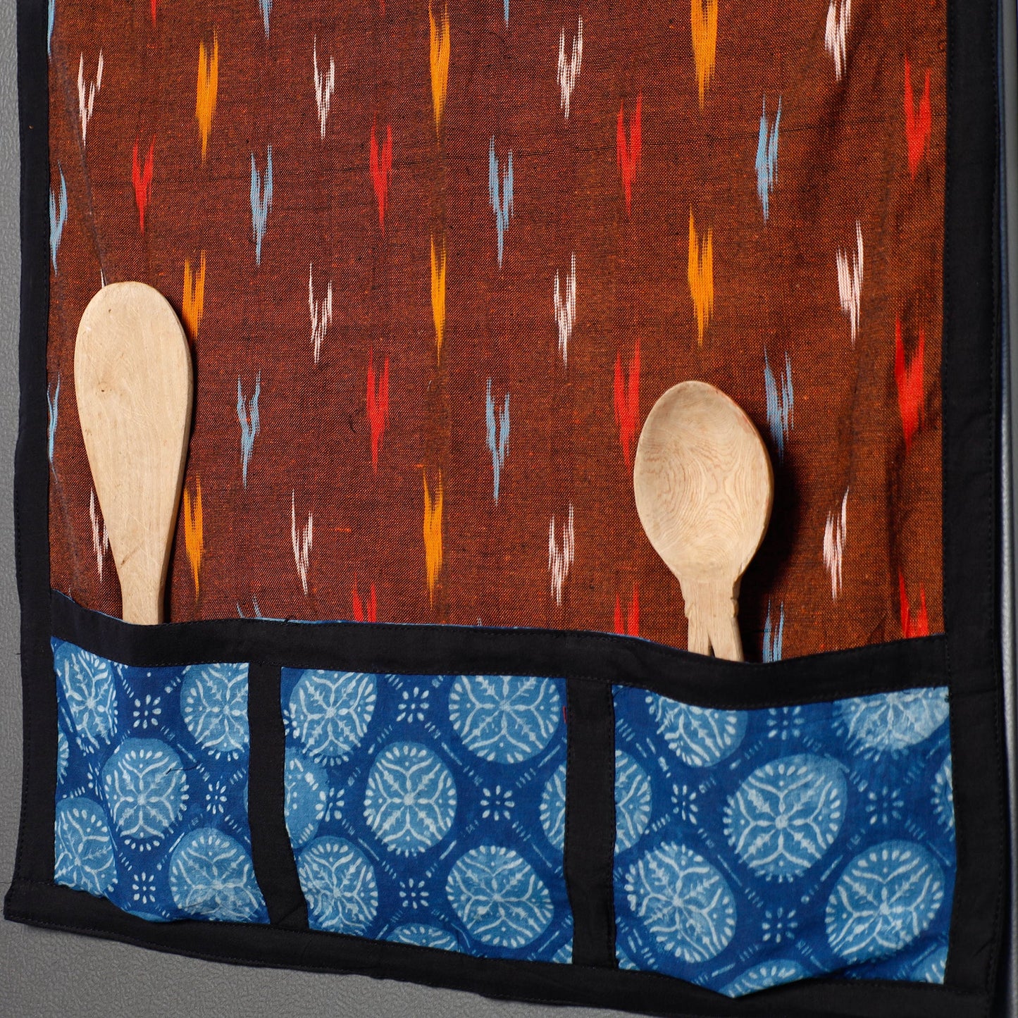 Maroon Pochampally Ikat Weave Cotton Fridge Top Cover with Multiple Pockets