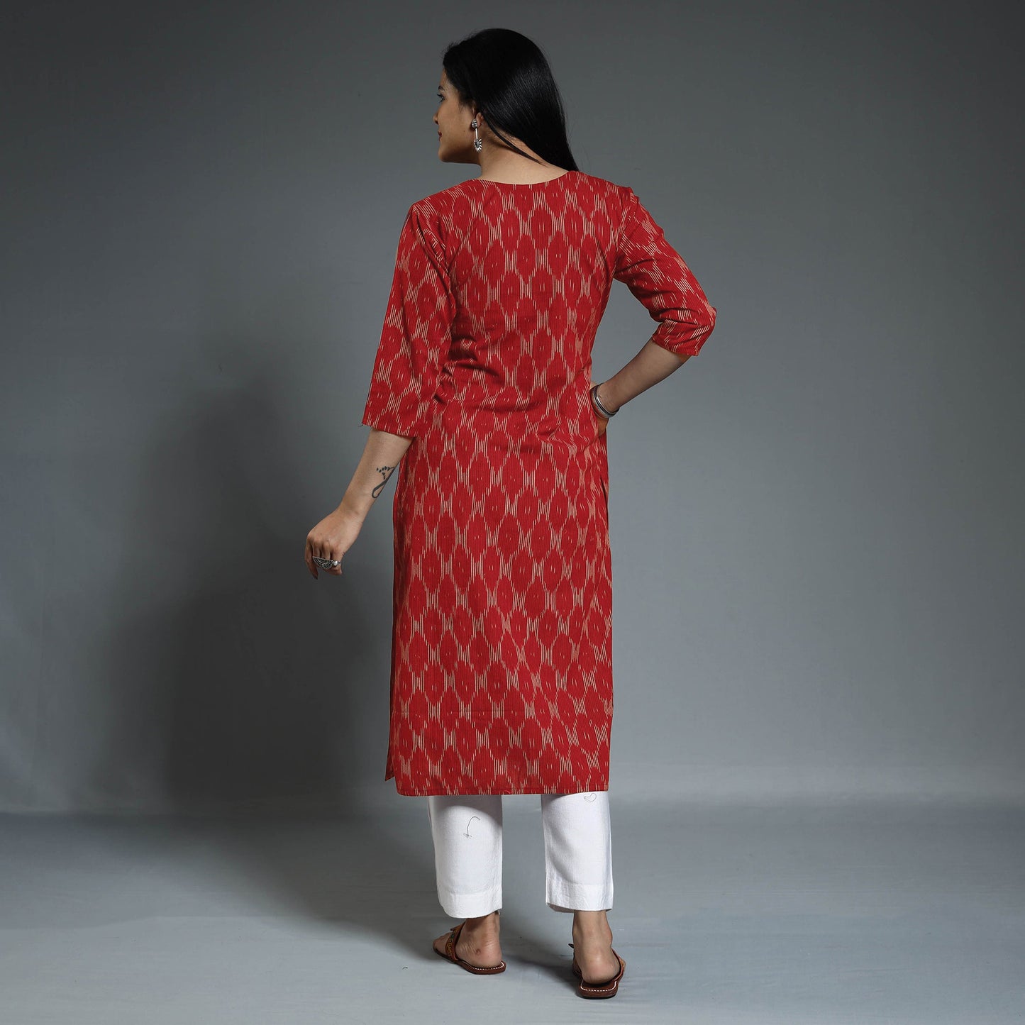 Maroon - pochampally ikat weave cotton long kurta