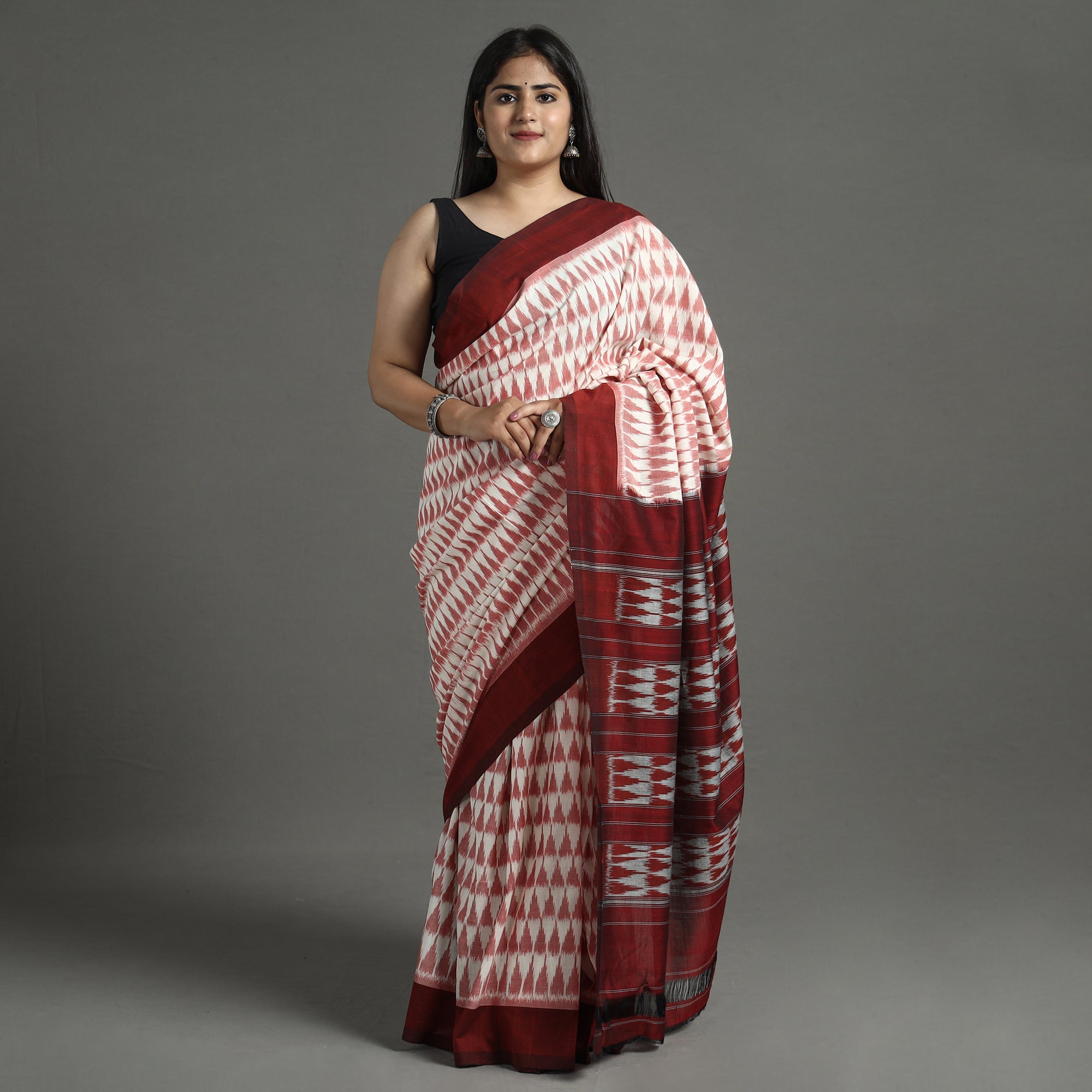 Grey - Pochampally Ikat Weave Handloom Cotton Saree