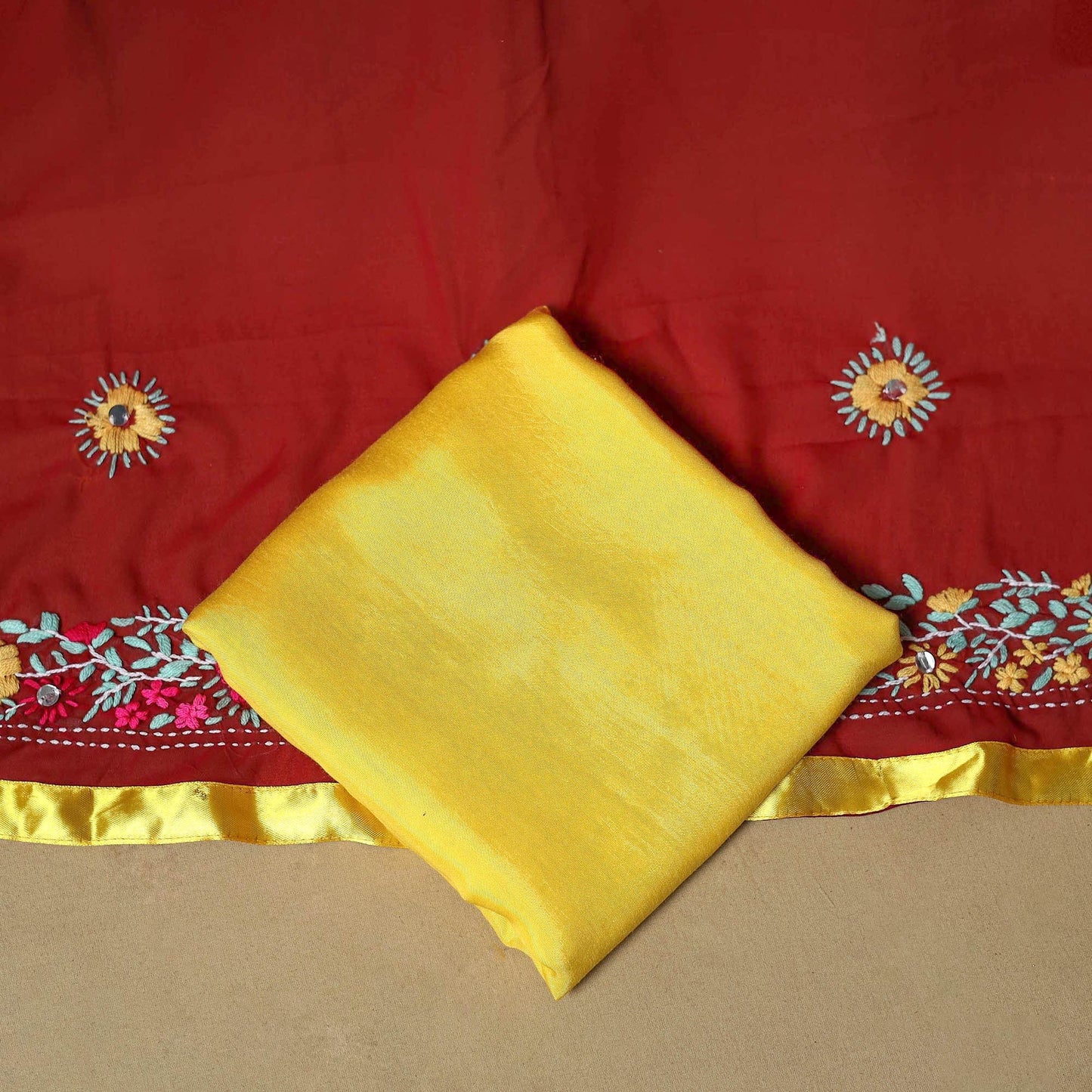 Maroon - ranihati chapa work hand embroidery georgette 3pc
