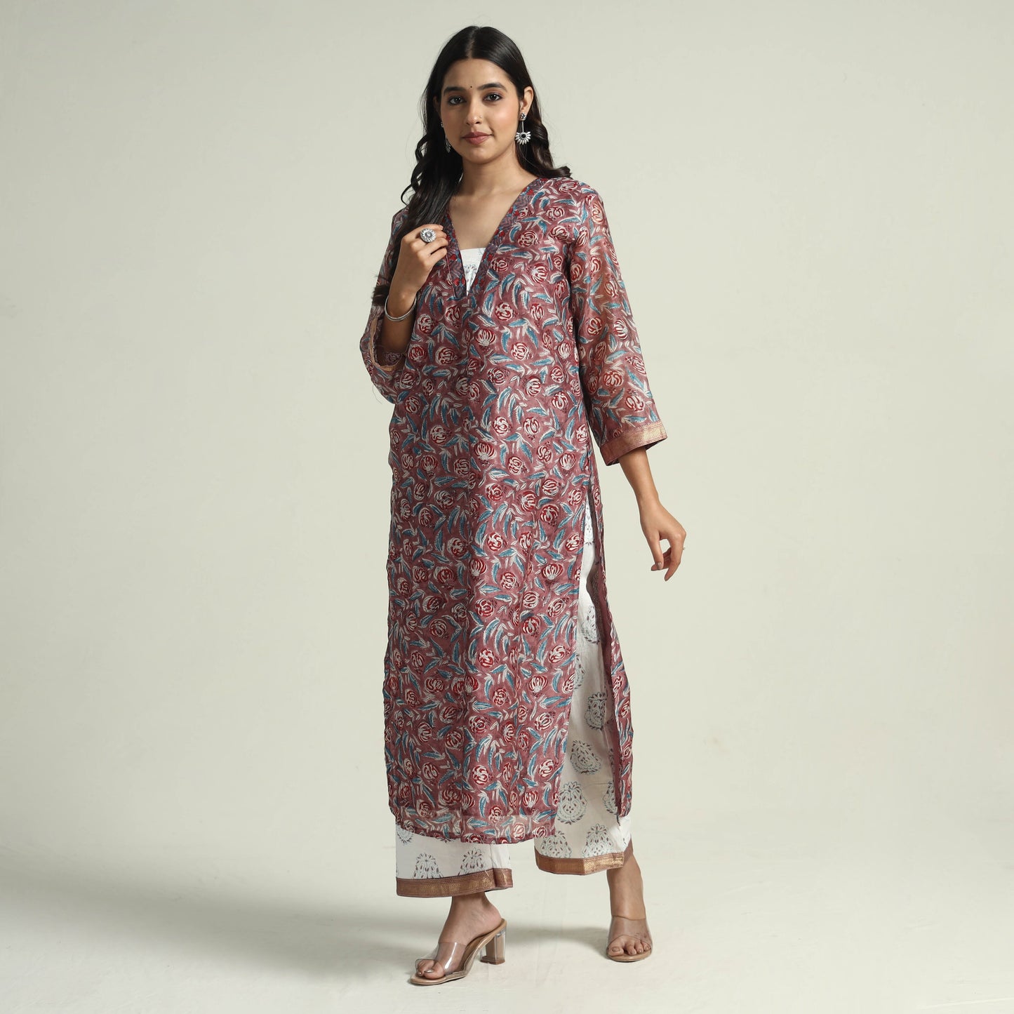 Buy Sanganeri Block Printed Maheshwari Silk Kurta with Palazzo & Dupatta Set Online at iTokri.com