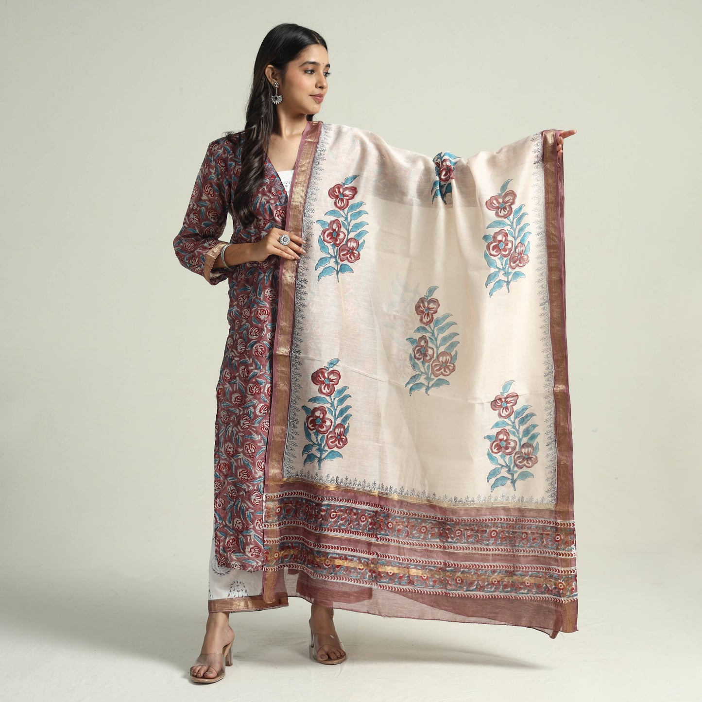 Buy Sanganeri Block Printed Maheshwari Silk Kurta with Palazzo & Dupatta Set Online at iTokri.com