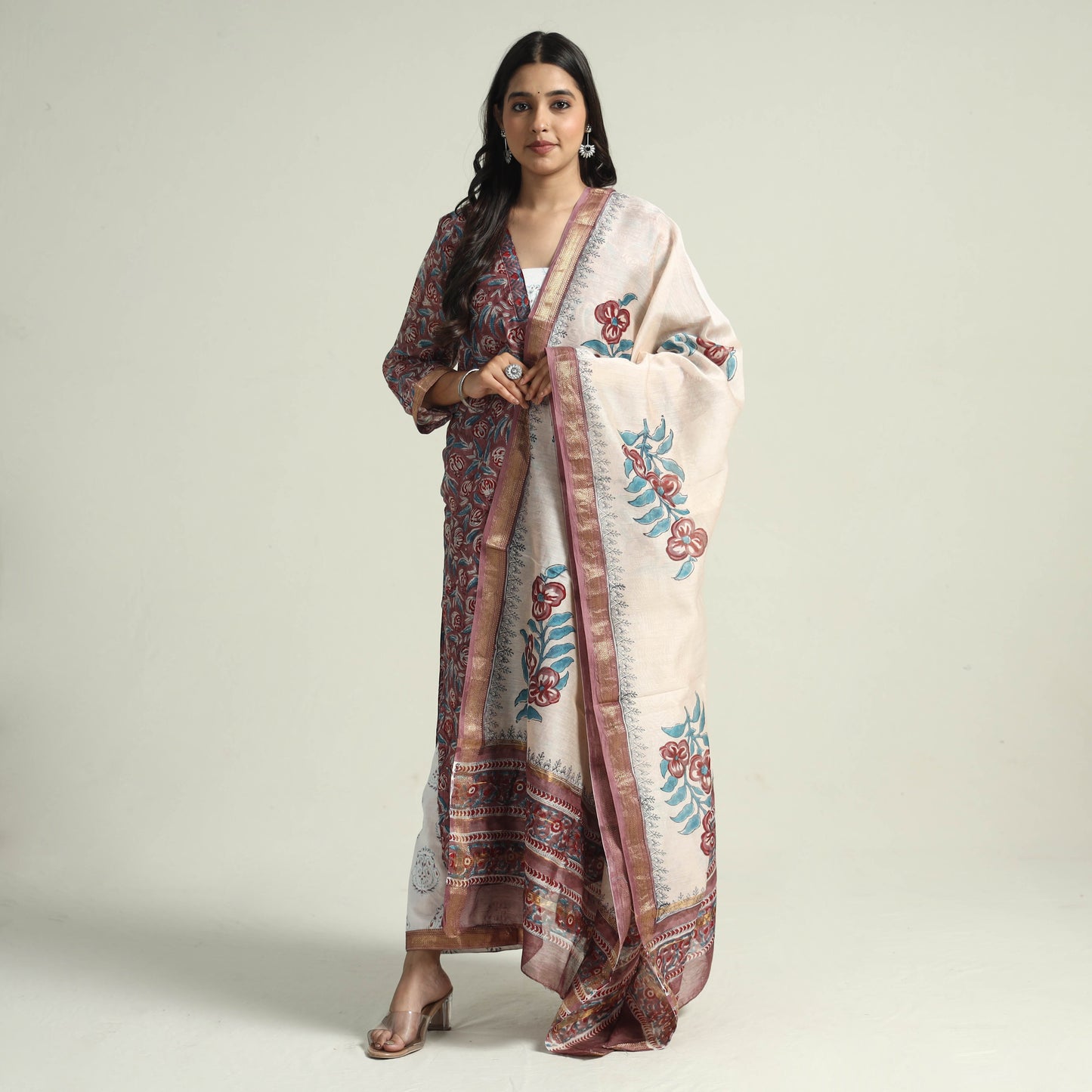 Buy Sanganeri Block Printed Maheshwari Silk Kurta with Palazzo & Dupatta Set Online at iTokri.com