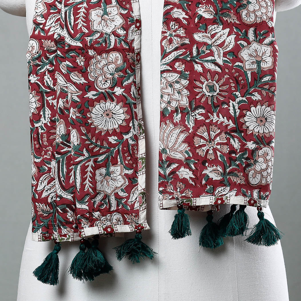 Sanganeri Block Printed Cotton Stole with Tassels