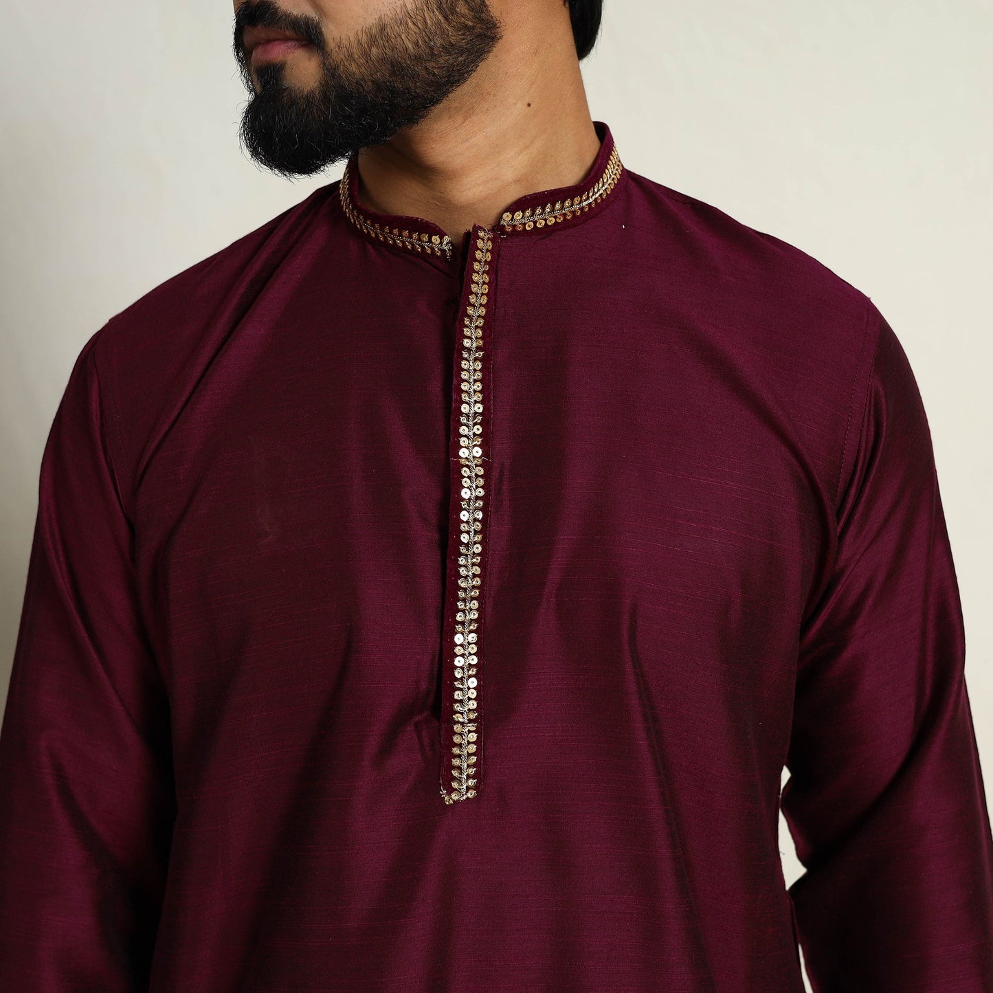 Buy Maroon Slub Silk Kurta for Men with Embellished Neckline Work