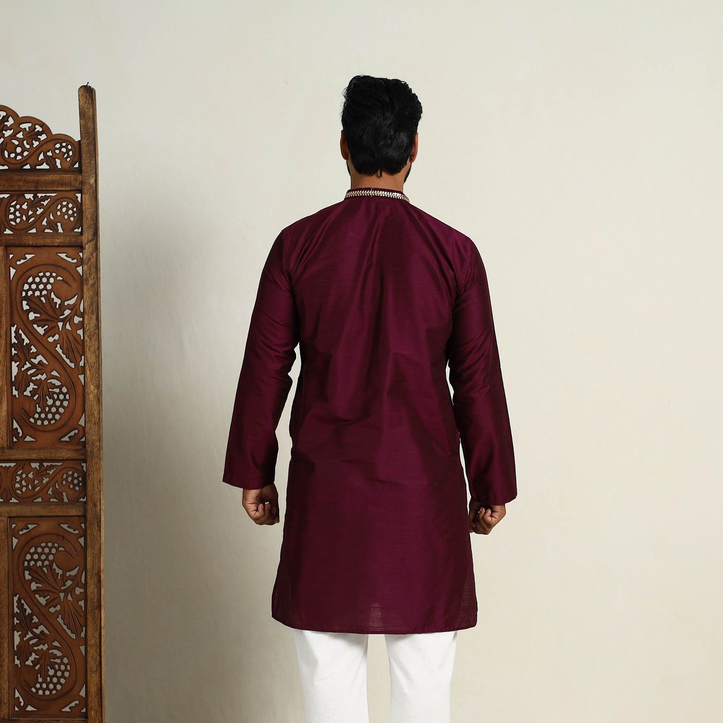 Buy Maroon Slub Silk Kurta for Men with Embellished Neckline Work
