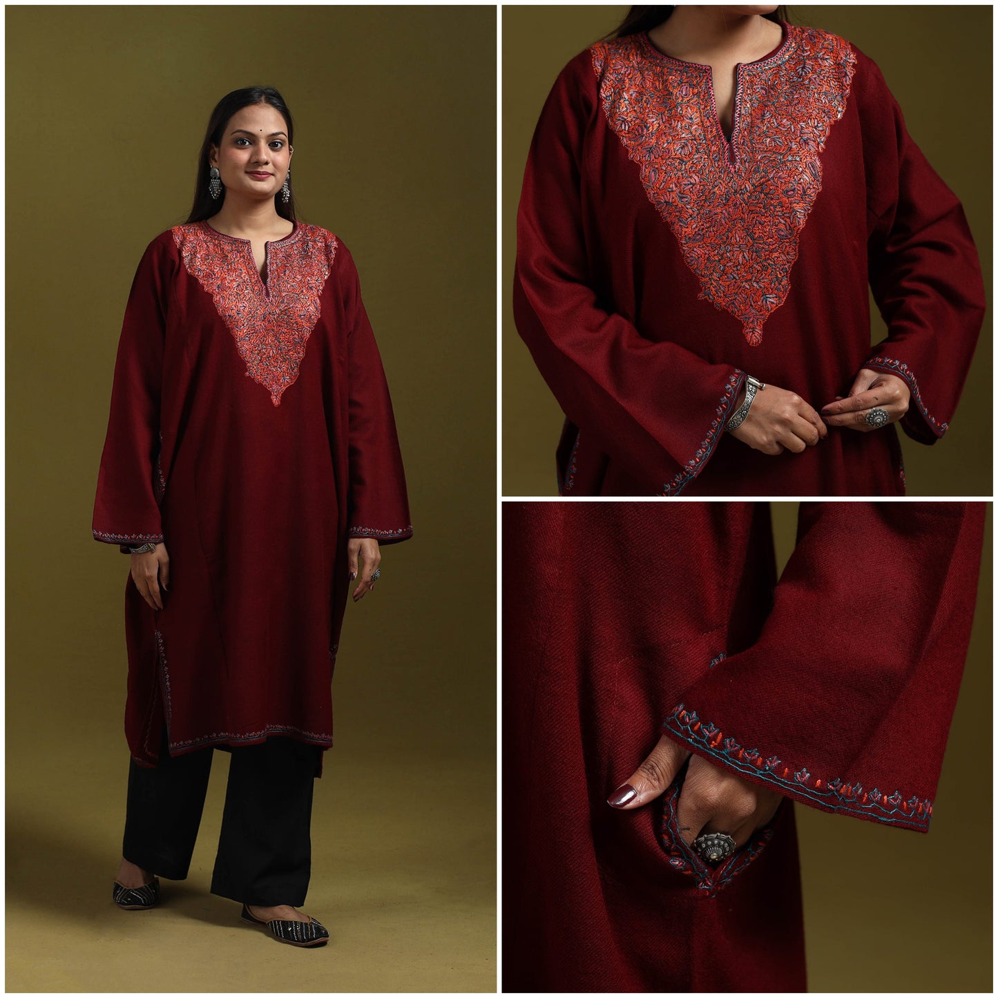 Sozni hand embroidered kashmiri merino wool pheran 68