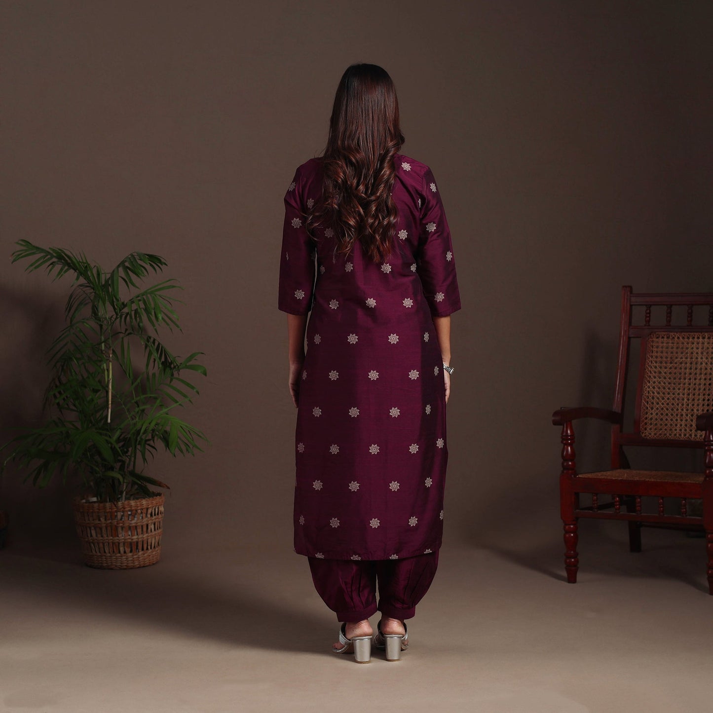 Maroon - straight buti work spun dupion silk plain kurta