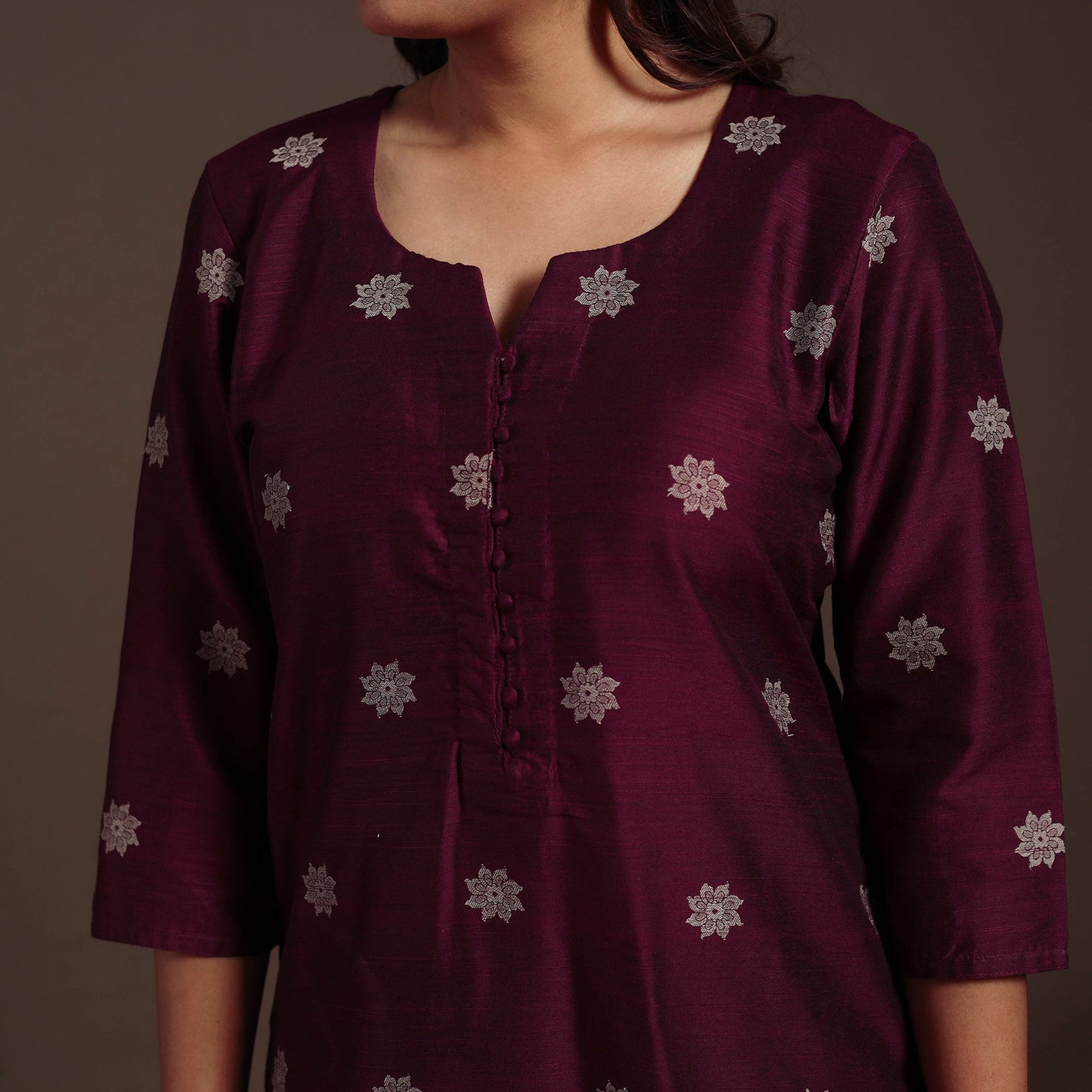 Maroon - straight buti work spun dupion silk plain kurta