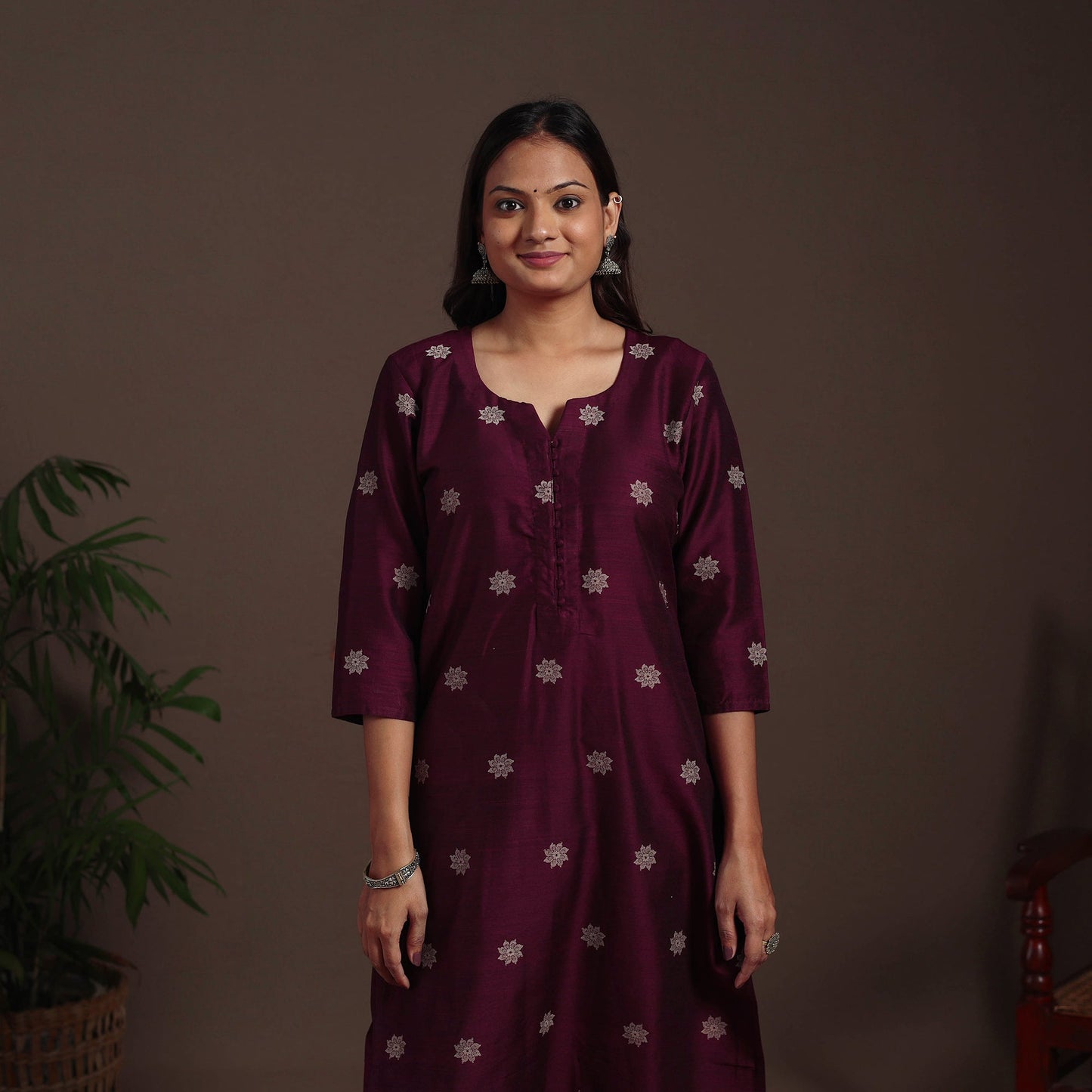 Maroon - straight buti work spun dupion silk plain kurta