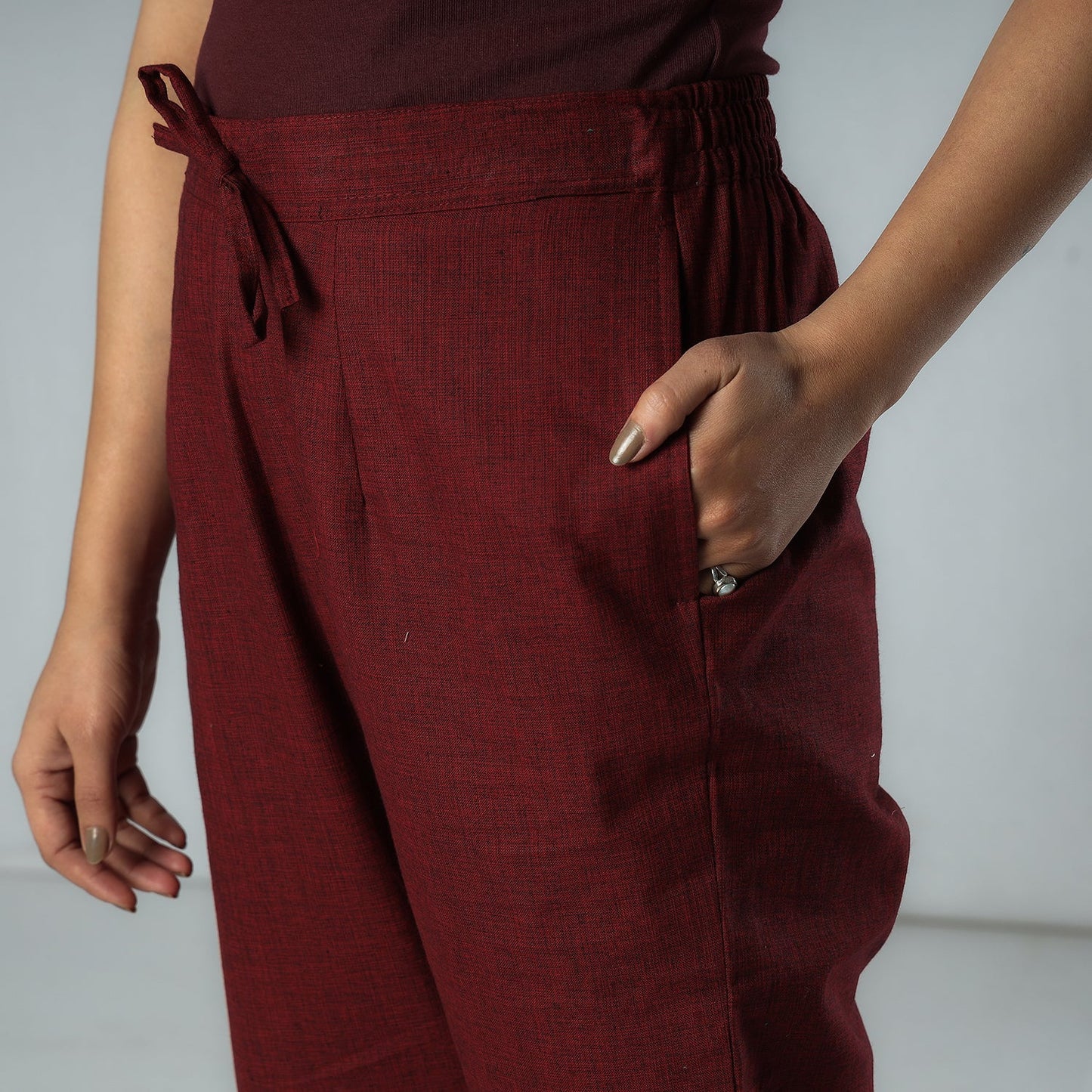 Maroon - texture plain dyed cotton relaxed fit pant