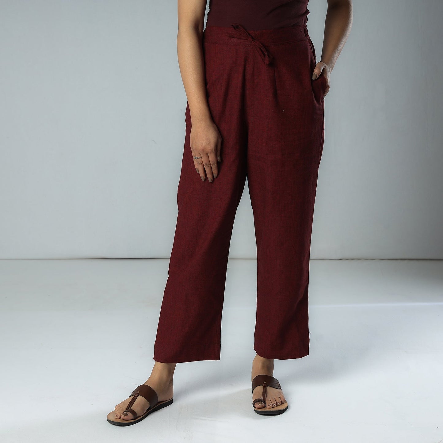 Maroon - texture plain dyed cotton relaxed fit pant