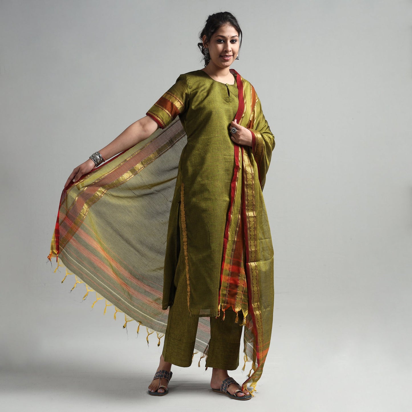 Mehendi Green - Dharwad Cotton Kurta with Palazzo & Dupatta Set