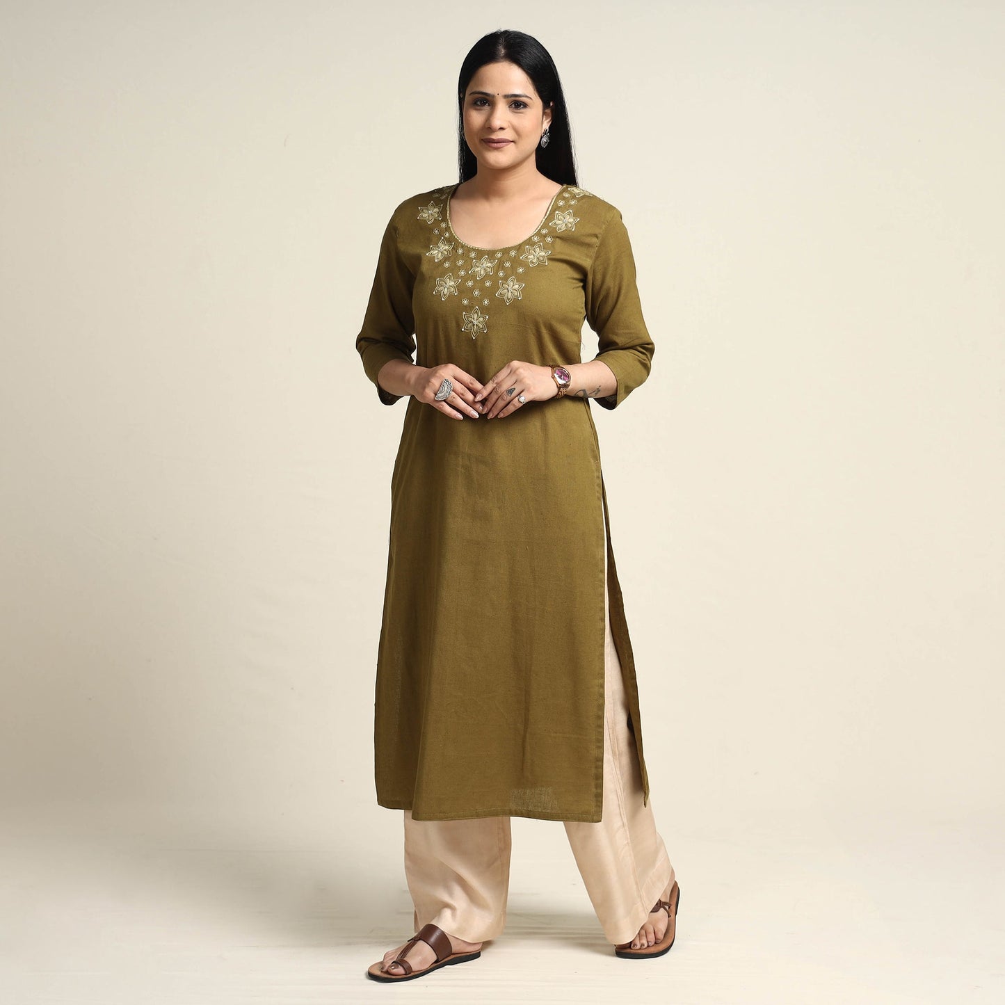 Plain Dyed Hand Embroidery Cotton Long Kurta
