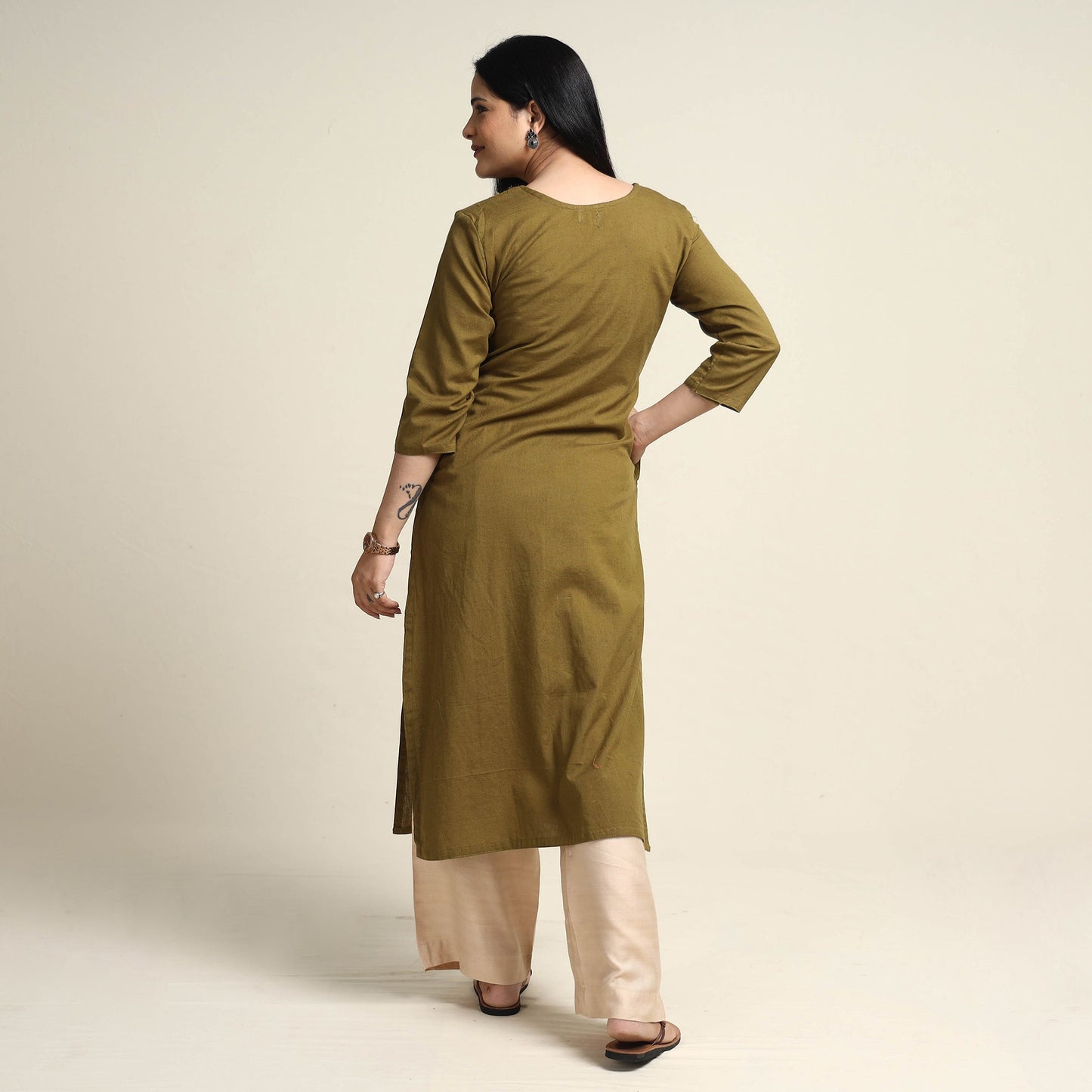 Plain Dyed Hand Embroidery Cotton Long Kurta
