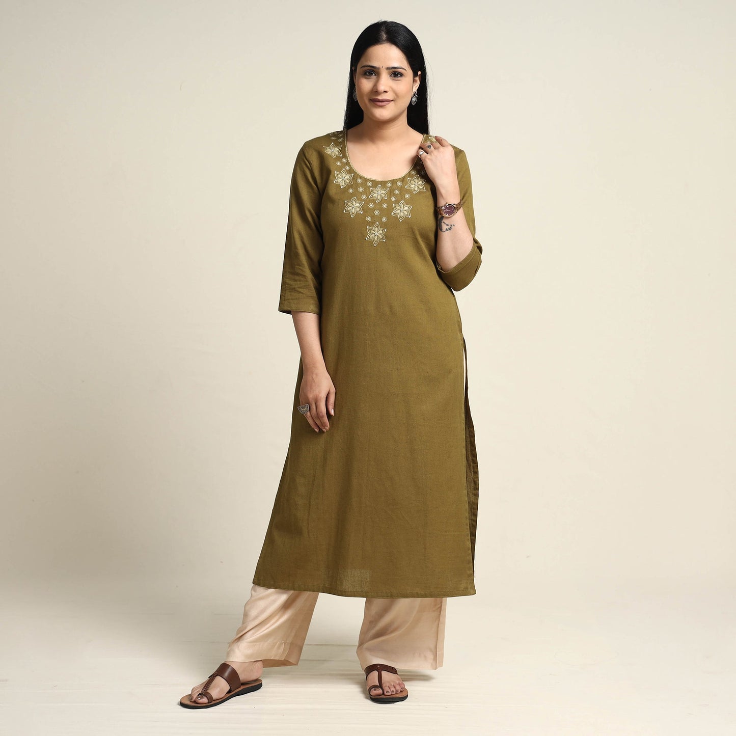 Plain Dyed Hand Embroidery Cotton Long Kurta