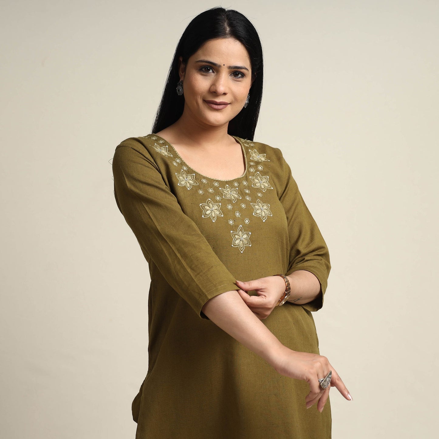 Plain Dyed Hand Embroidery Cotton Long Kurta