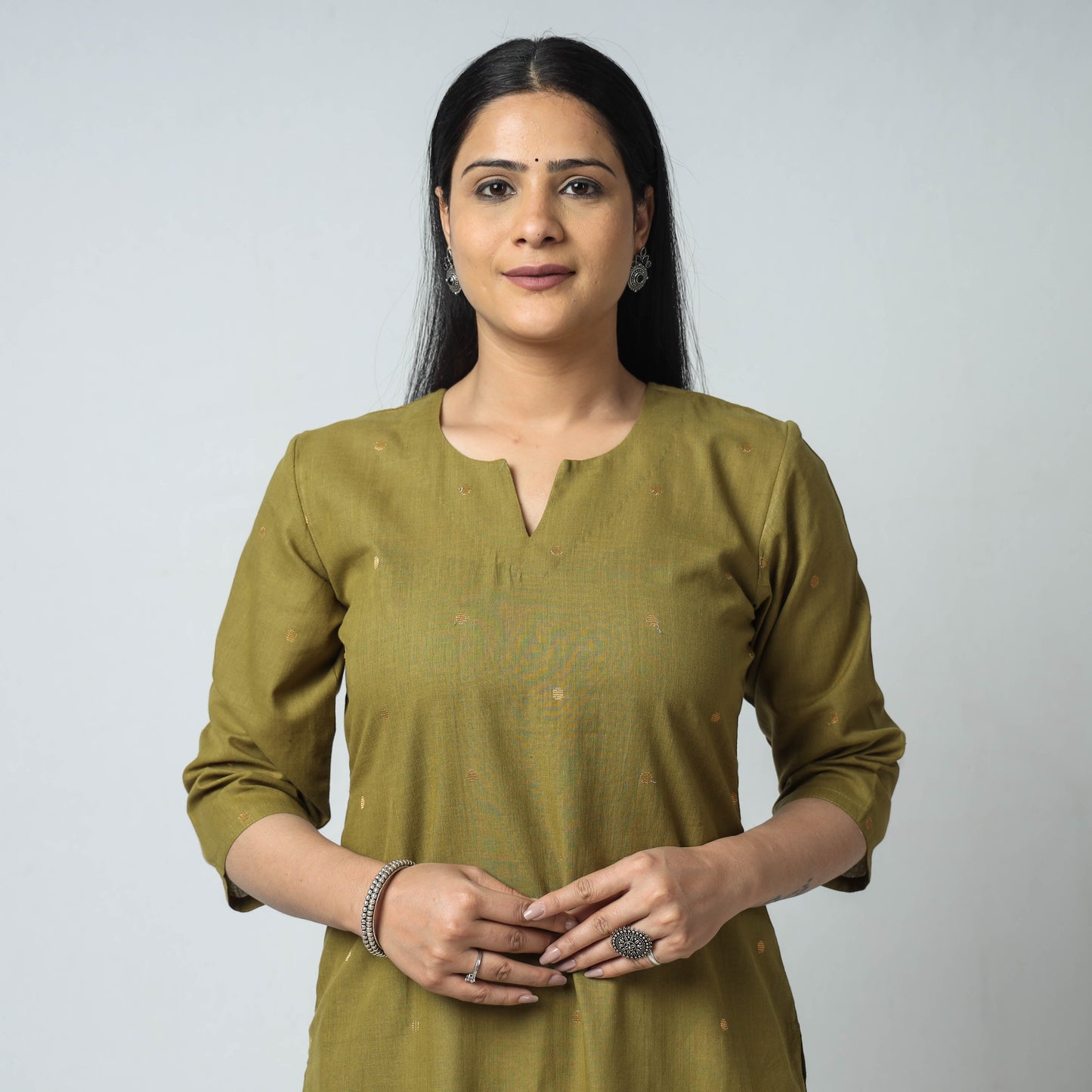 Mehendi Green Jacquard Cotton Long Kurta for Women