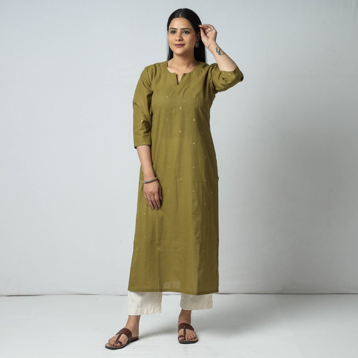 Mehendi Green Jacquard Cotton Long Kurta for Women